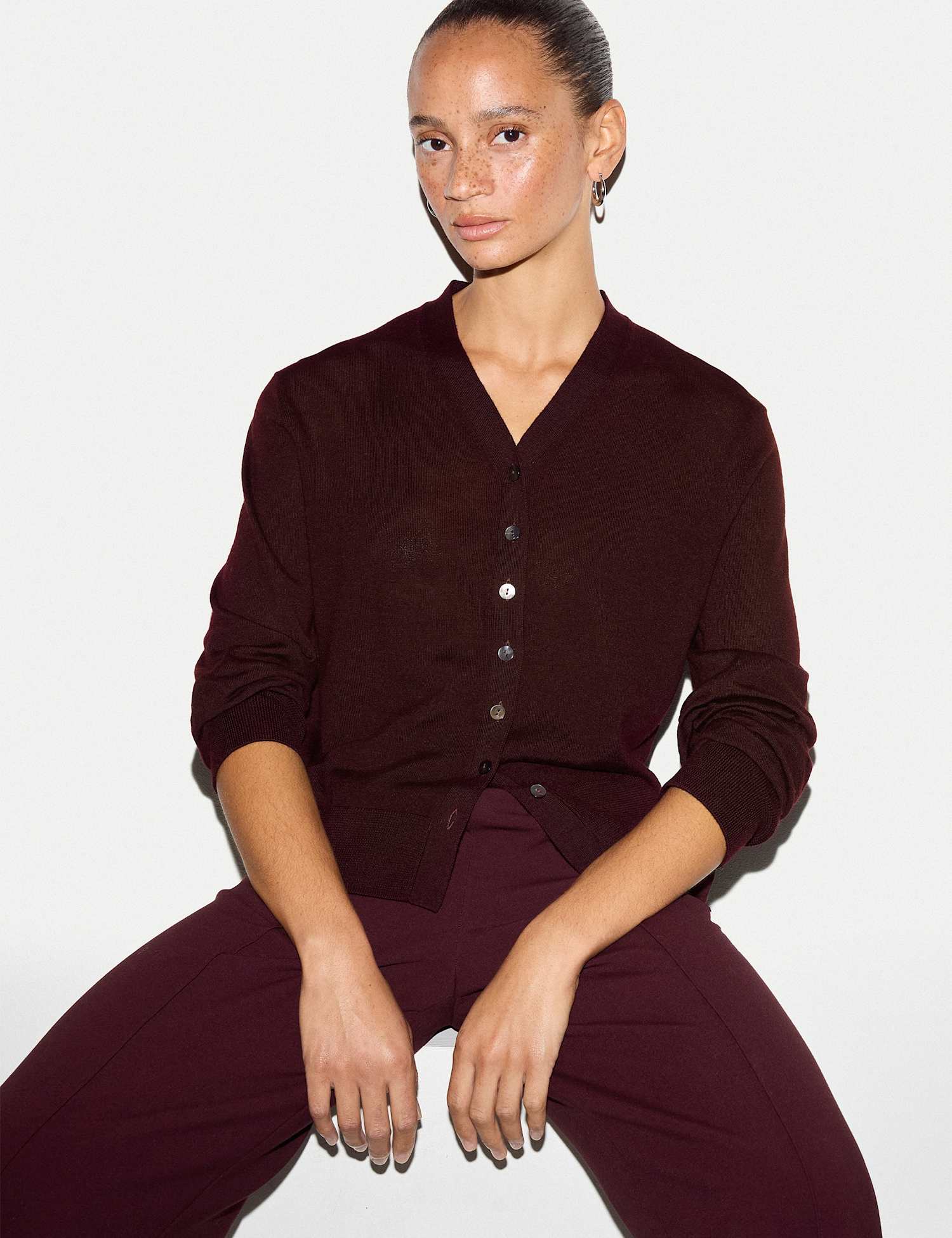 Jigsaw Pure Wool V-Neck Cardigan Burgundy