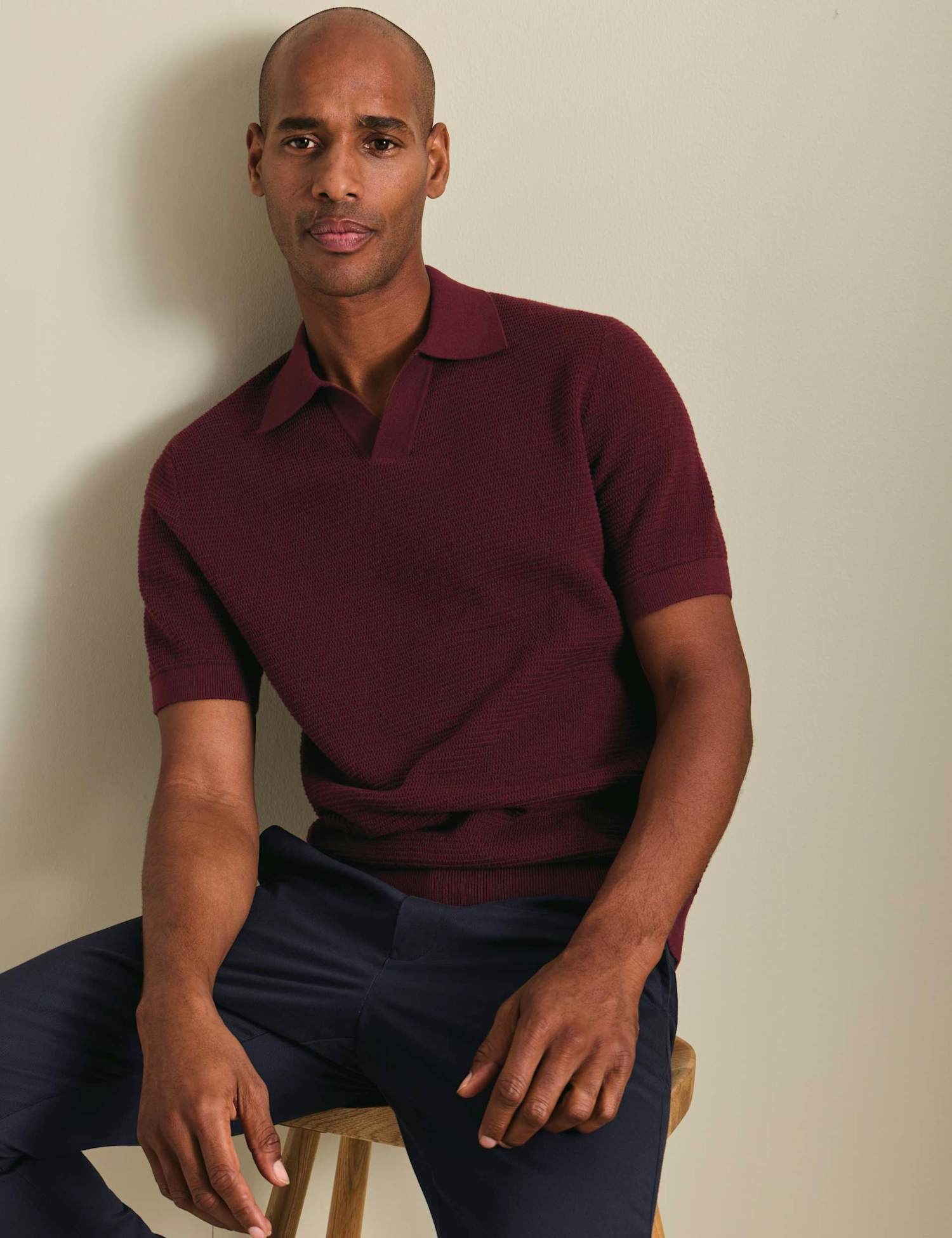 Charles Tyrwhitt Pure Cotton Textured Knitted Polo Shirt Burgundy