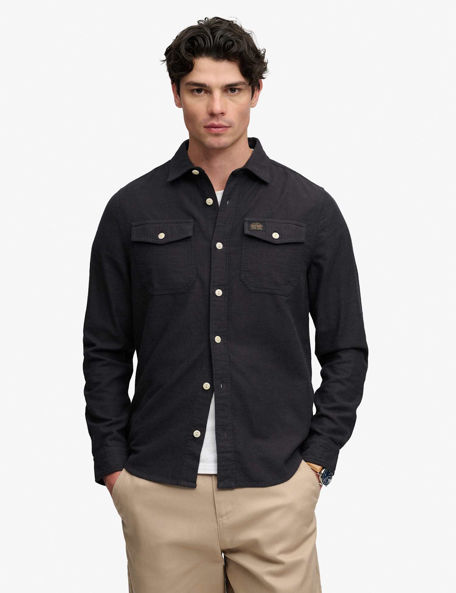 Superdry & Co Relaxed Fit Pure Cotton Herringbone Shirt Black