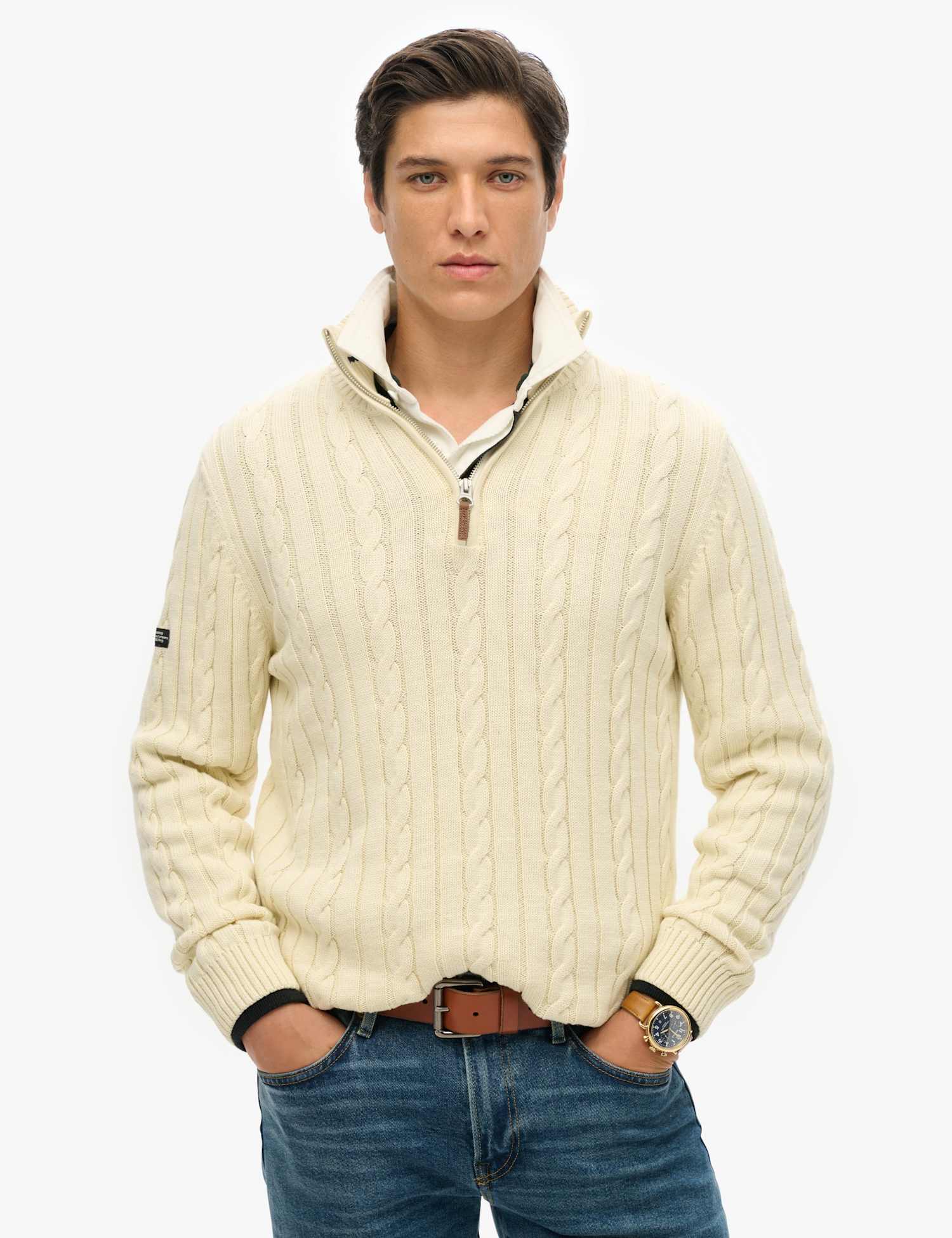 Superdry & Co Pure Cotton Cable Knit Half Zip Jumper Cream