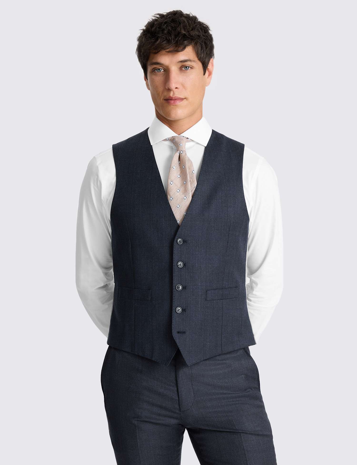 MOSS Tailored Wool Rich Performance Check Waistcoat Navy Mix