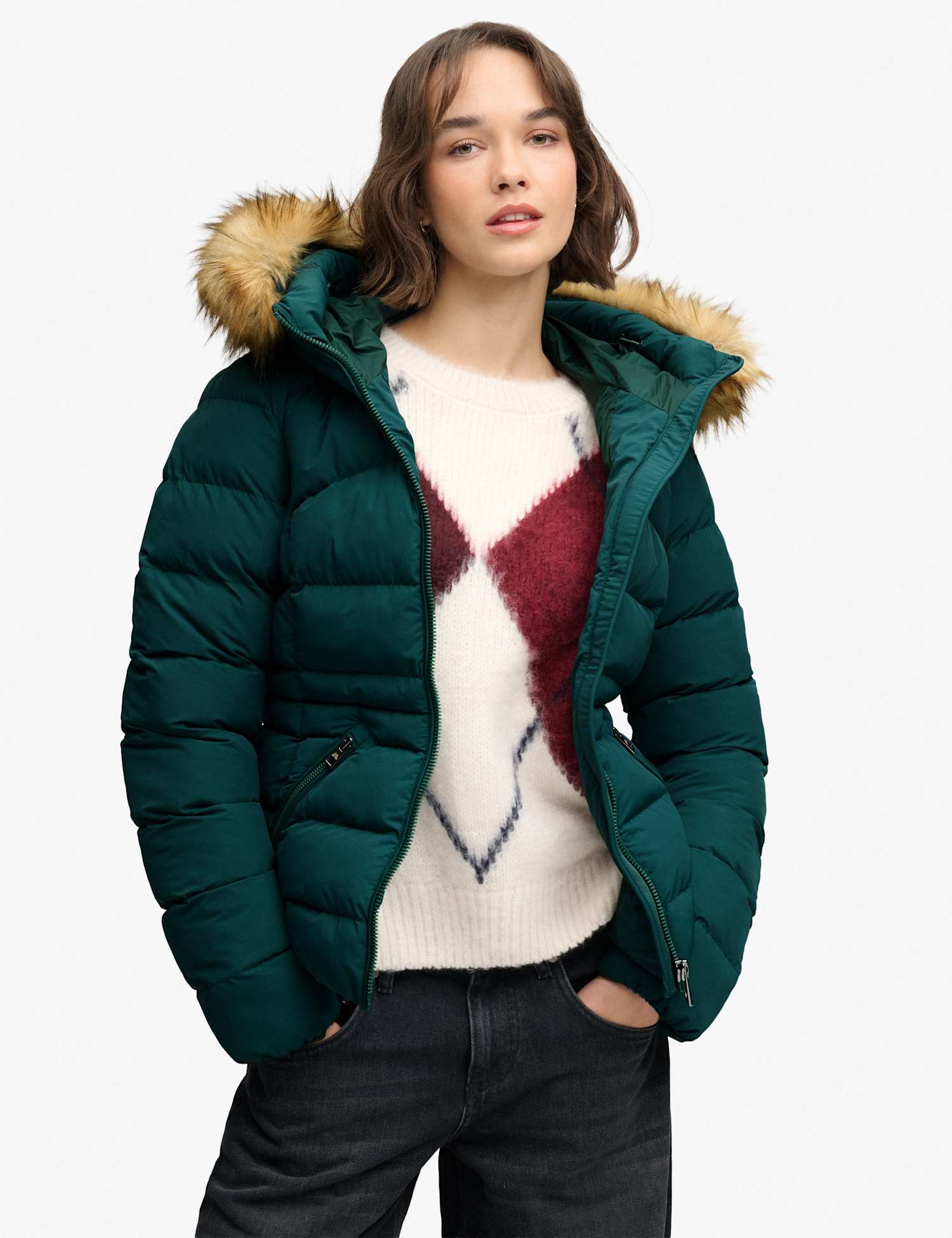 Superdry & Co Hooded Faux Fur Trim Puffer Jacket Green