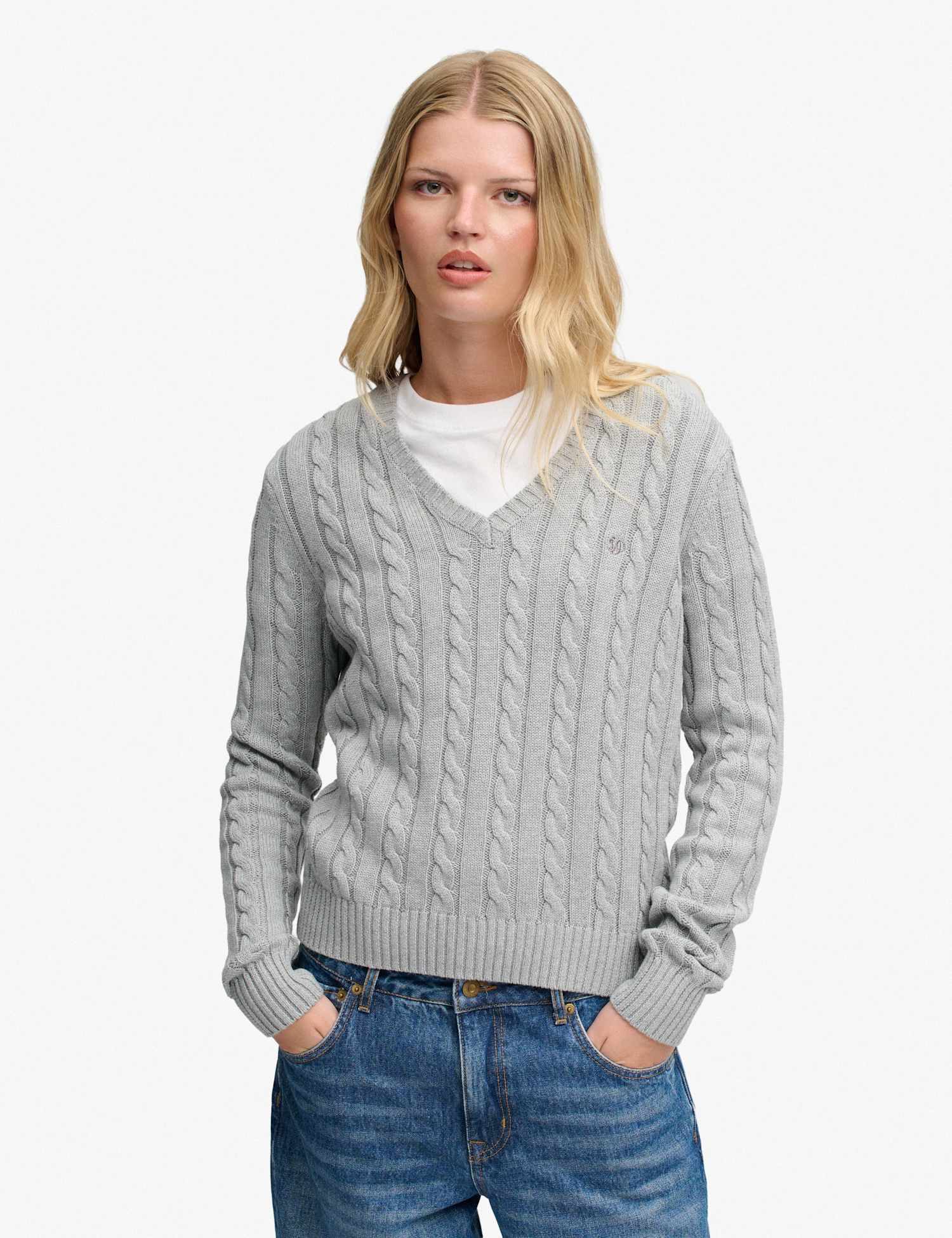 Superdry & Co Pure Cotton Cable Knit V-Neck Jumper Light Grey