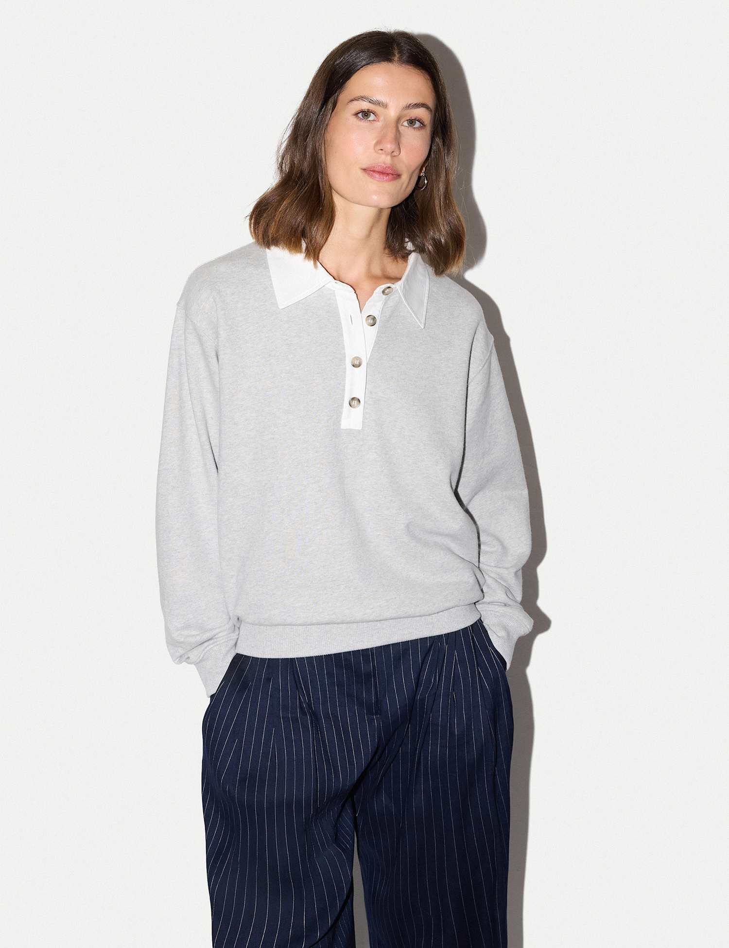 Jigsaw Pure Cotton Collared Relaxed Sweatshirt Grey