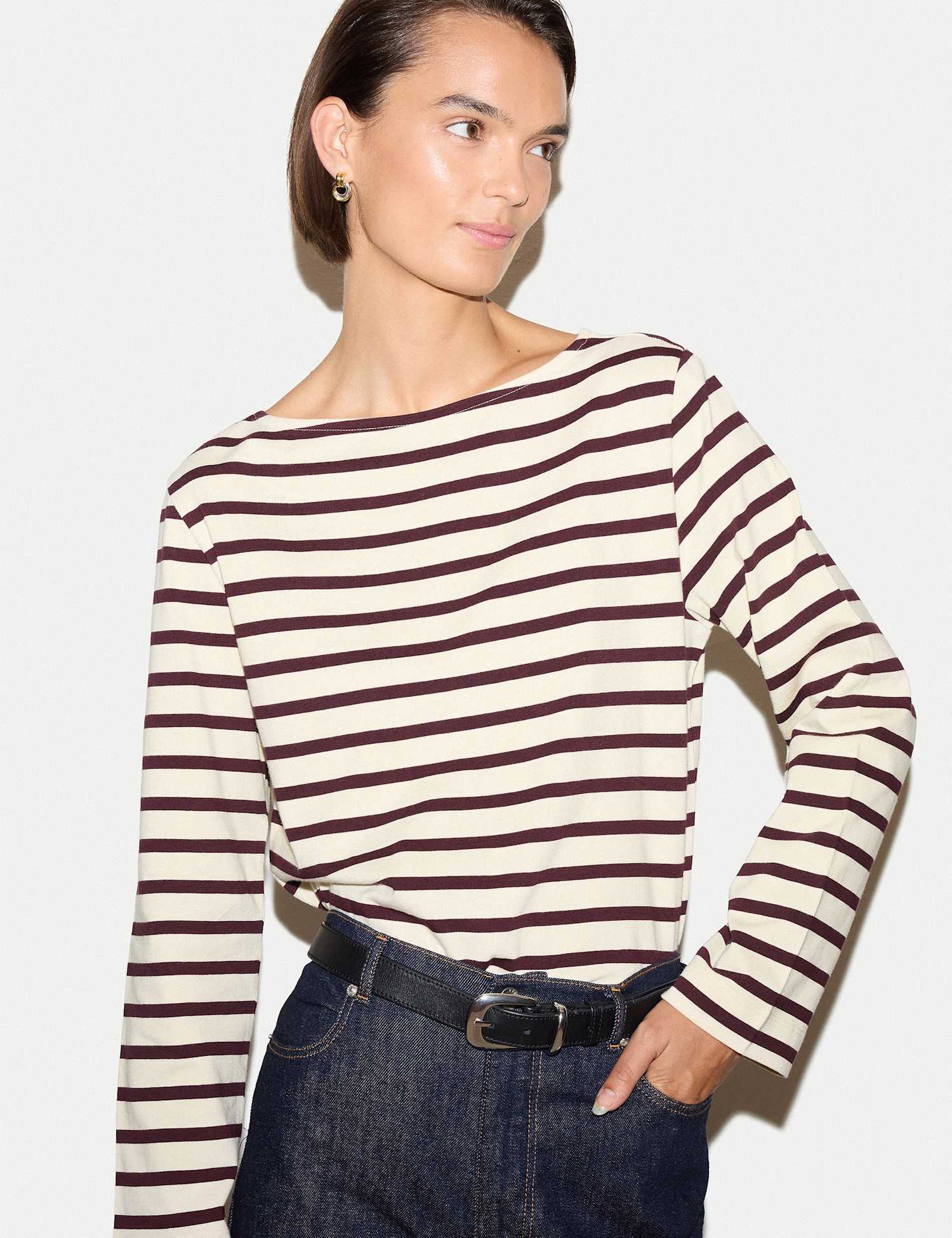 Jigsaw Pure Cotton Striped Slash Neck Top Burgundy Mix