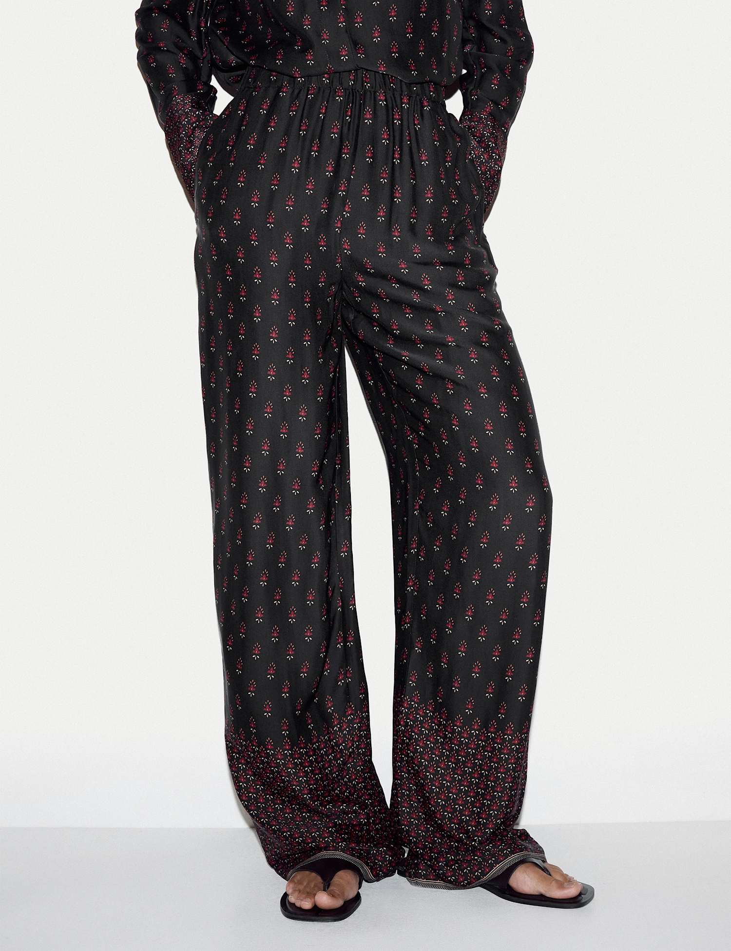 Jigsaw Floral Elasticated Wide Leg Trousers Black Mix