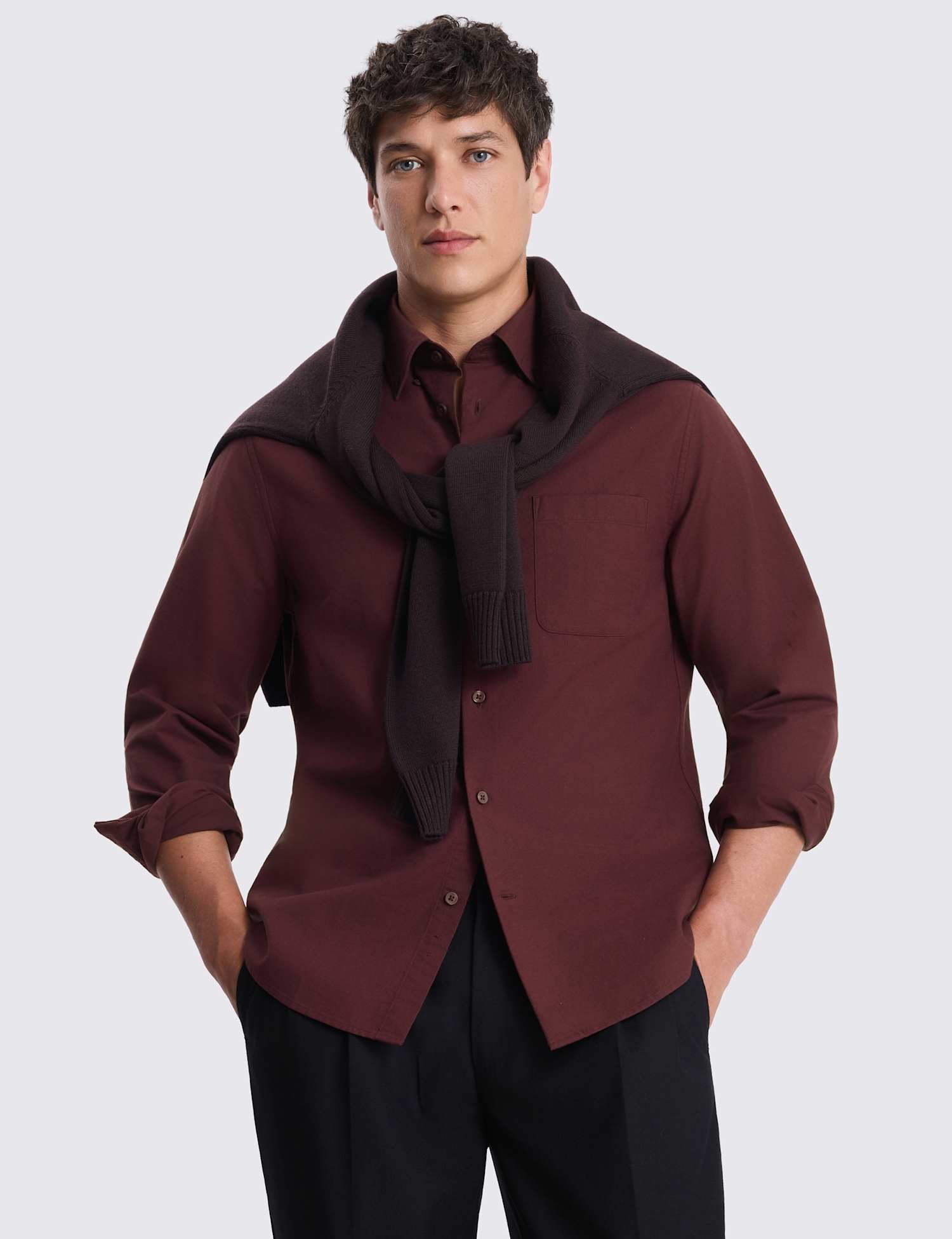 MOSS Pure Cotton Washed Oxford Shirt Dark Red