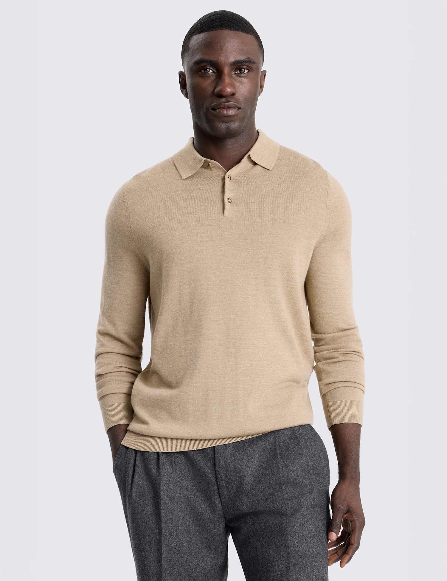 MOSS Merino Wool Rich Knitted Polo Shirt Camel