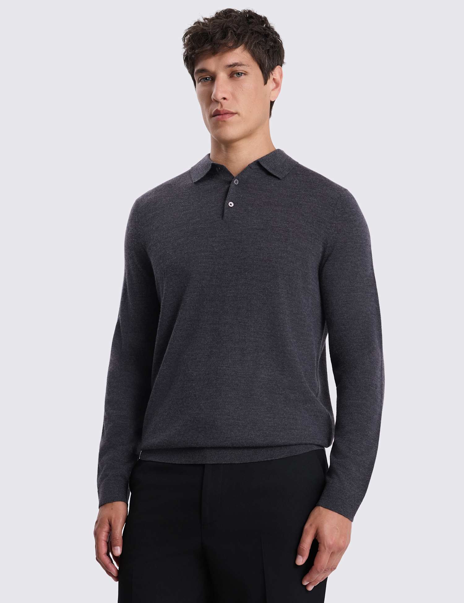 MOSS Merino Wool Rich Knitted Polo Shirt Charcoal