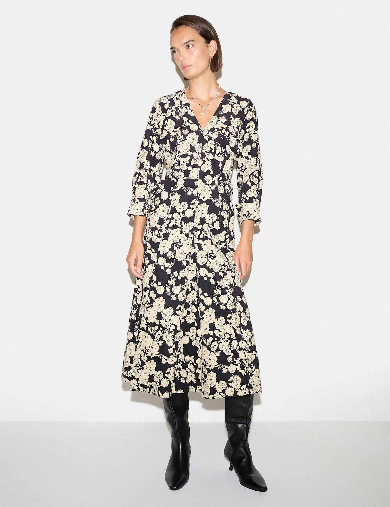 Jigsaw Cord Floral V Neck Pleated Midi Dress White Mix