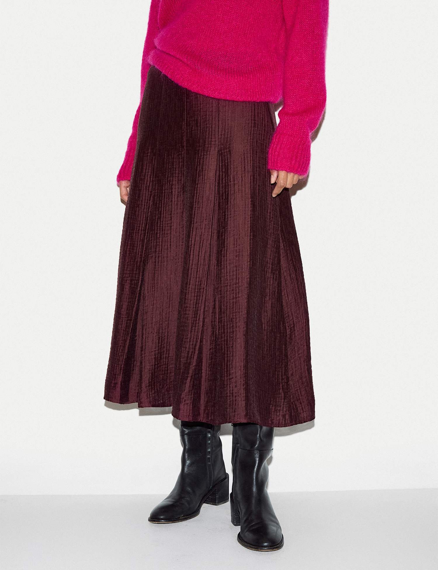 Jigsaw Textured Pleated Midi Flared Skirt Burgundy