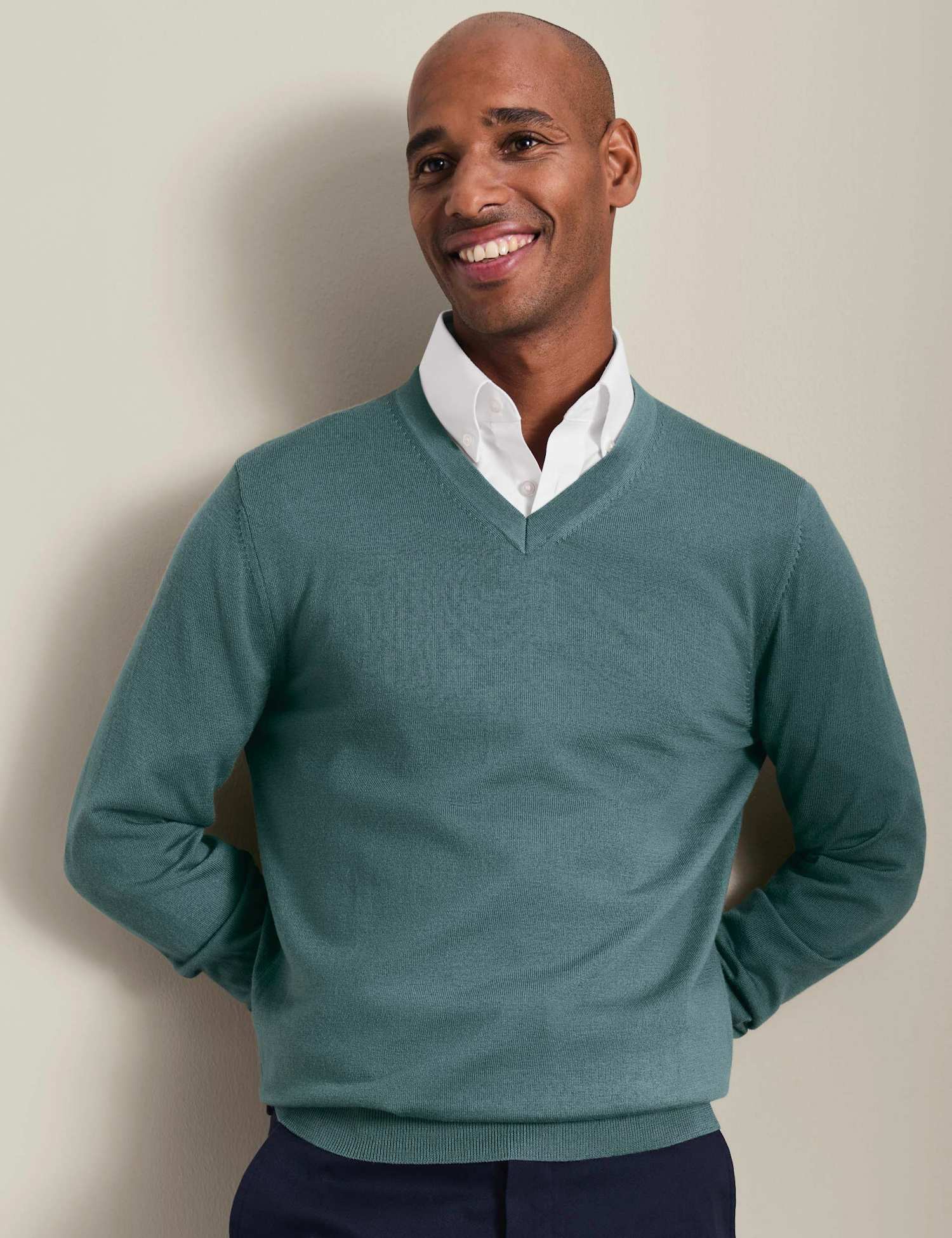 Charles Tyrwhitt Pure Merino Wool V-Neck Jumper Teal Green