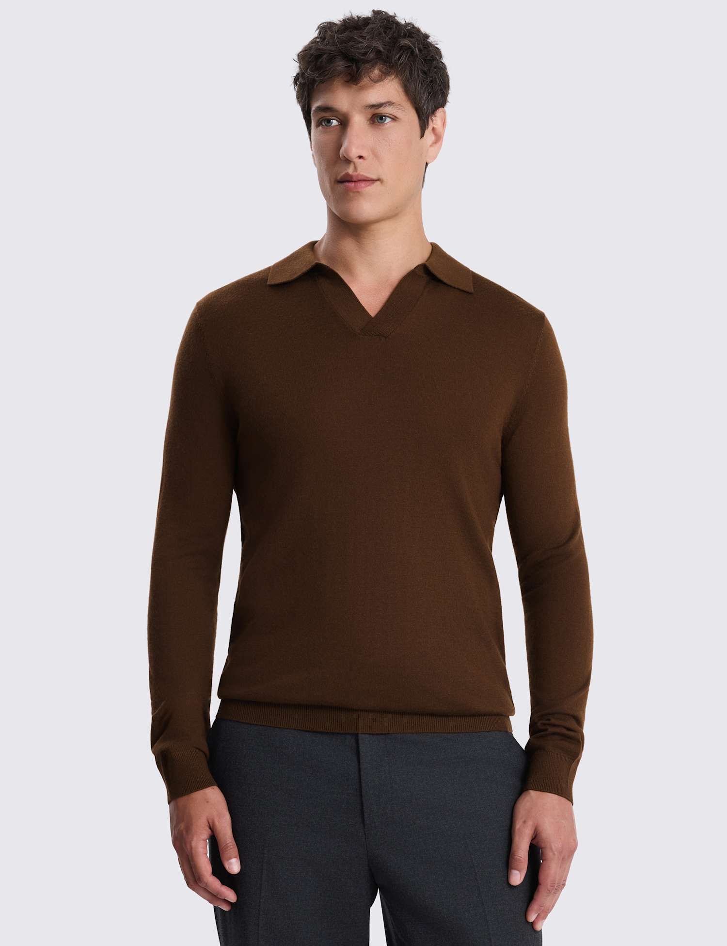 MOSS Merino Wool Rich Knitted Polo Shirt Brown