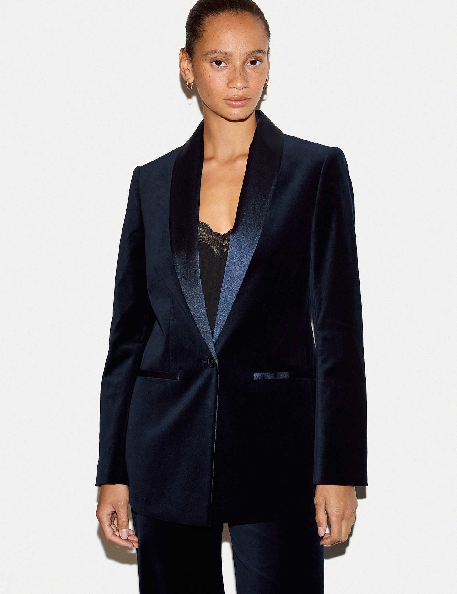 Jigsaw Velvet Tailored Shawl Collar Blazer Navy