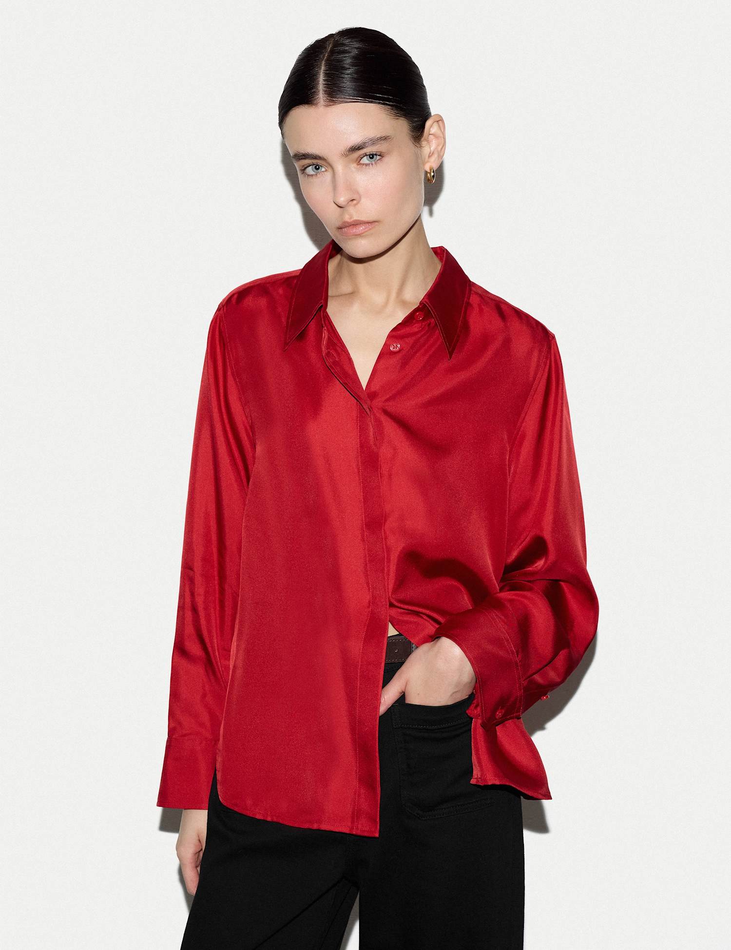 Jigsaw Pure Silk Collared Relaxed Shirt Red