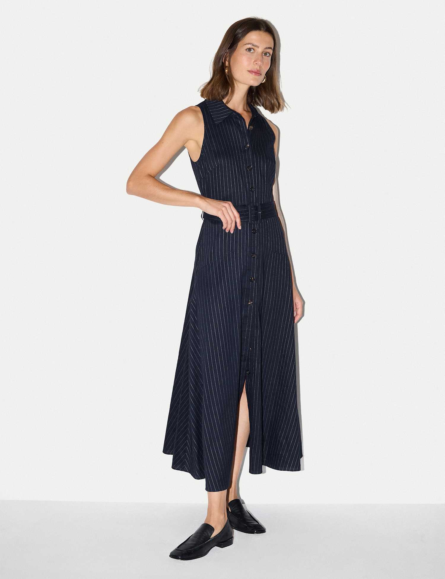 Jigsaw Linen Blend Striped Belted Button Through Midaxi Dress Navy Mix