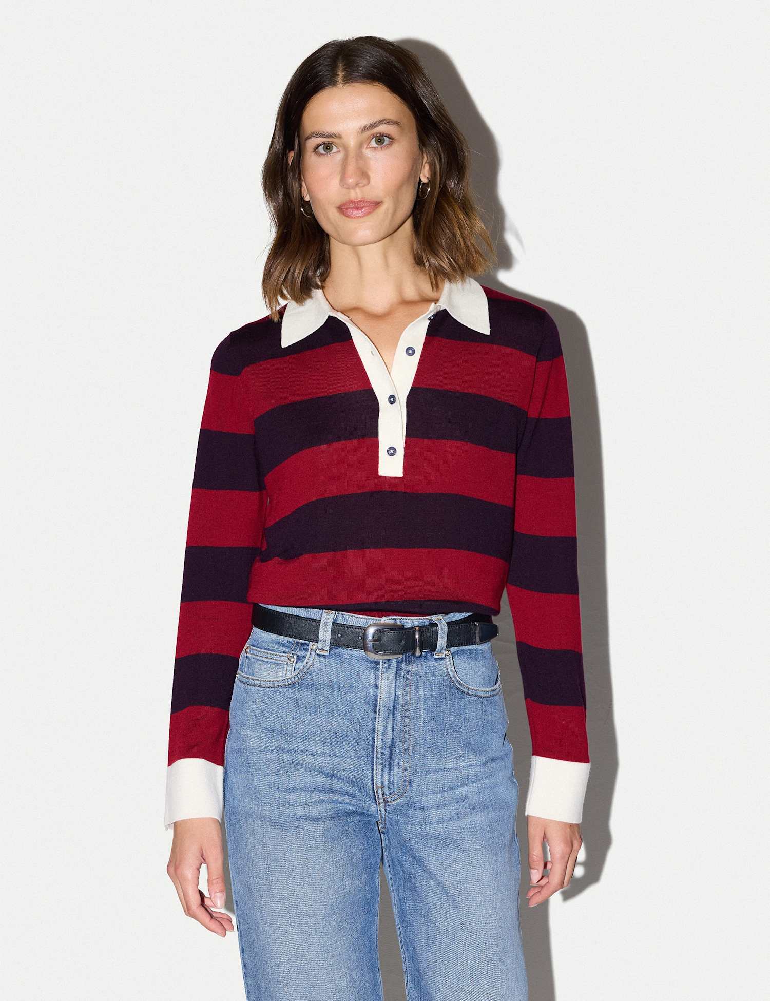 Jigsaw Pure Merino Wool Striped Polo Neck Jumper Red Mix