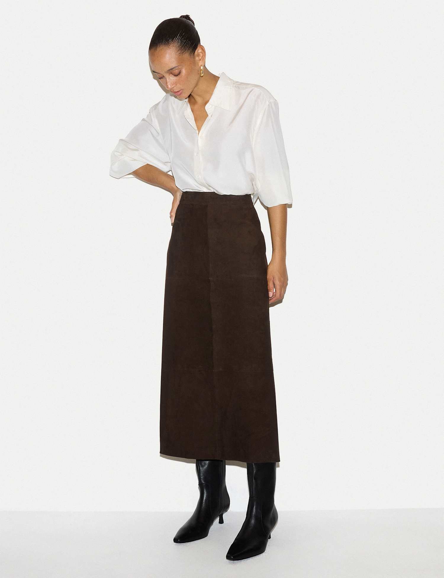 Jigsaw Pure Suede Side Split A Line Maxi Skirt Brown
