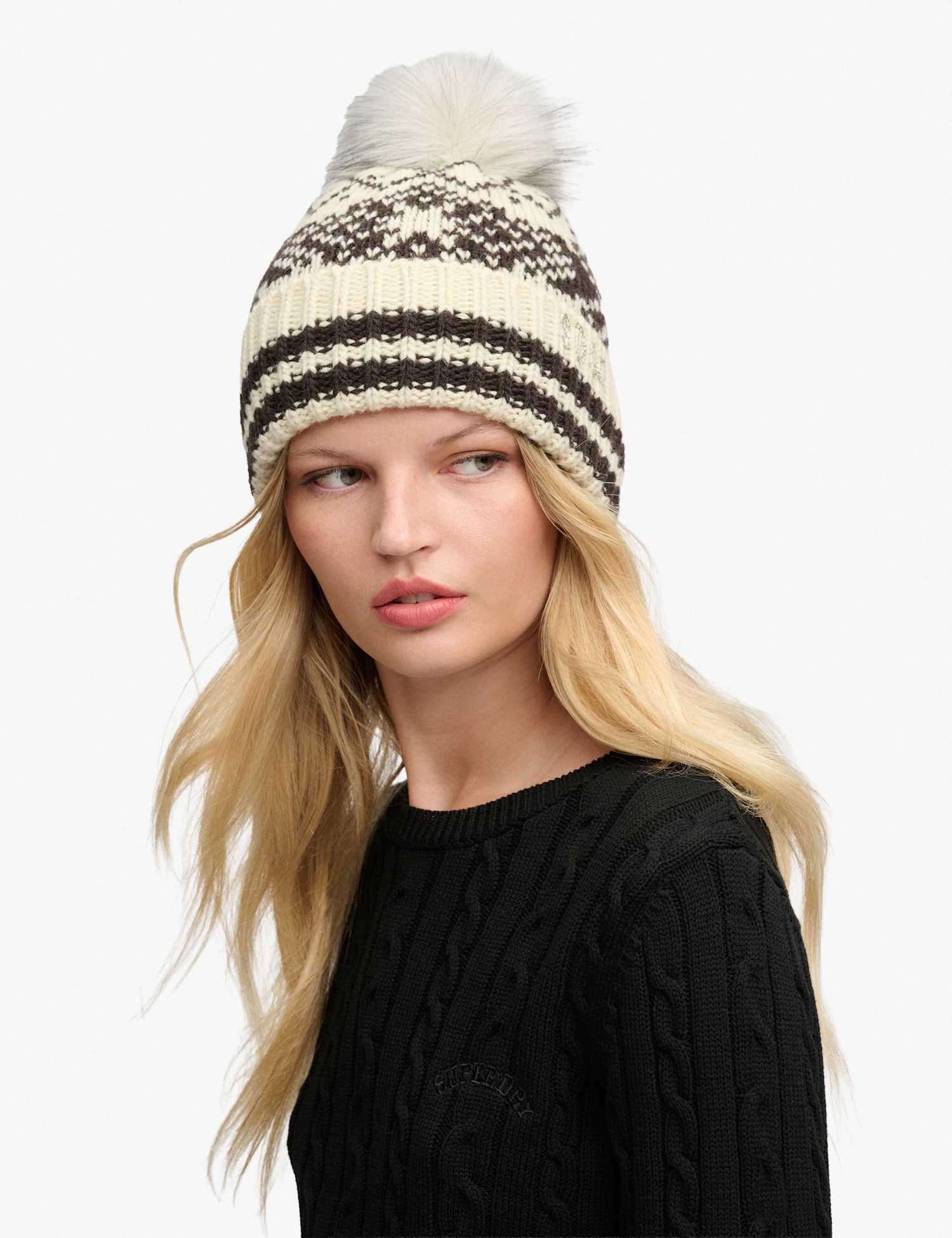 Superdry & Co Fair Isle Bobble Beanie Hat with Wool Cream Mix