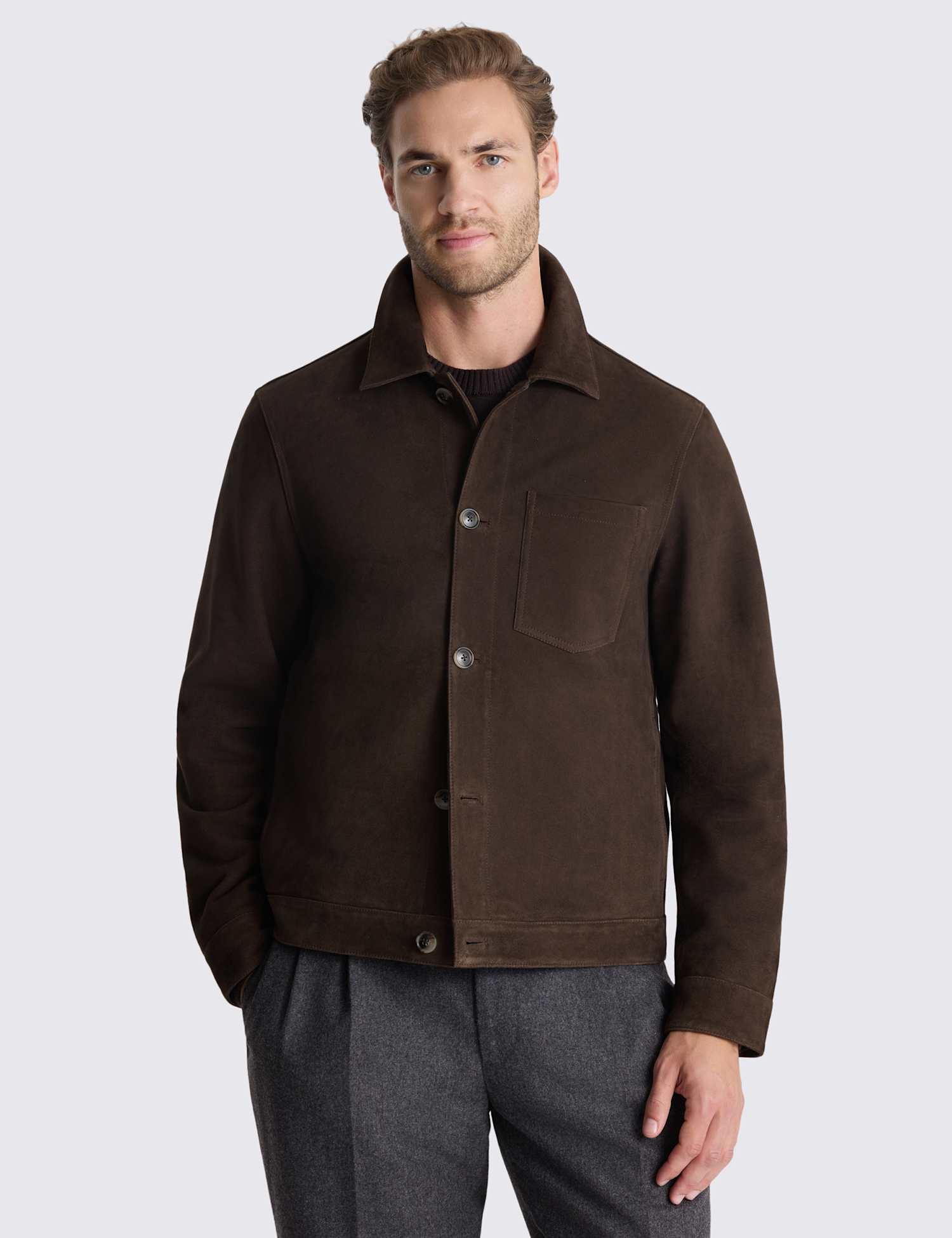 MOSS Suede Collared Harrington Shacket Brown