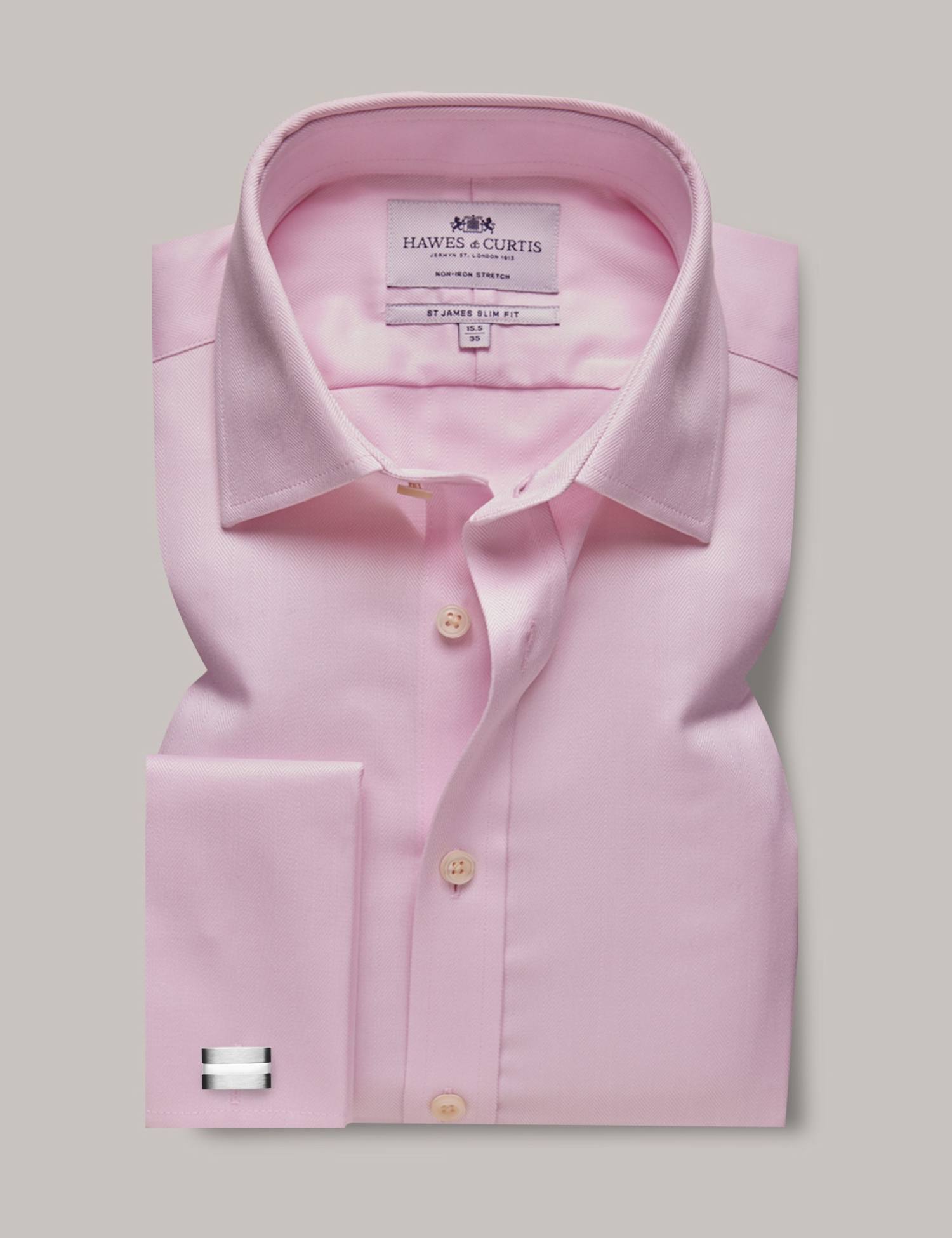 Hawes & Curtis Slim Fit Non-Iron Pure Cotton Herringbone Shirt Pink