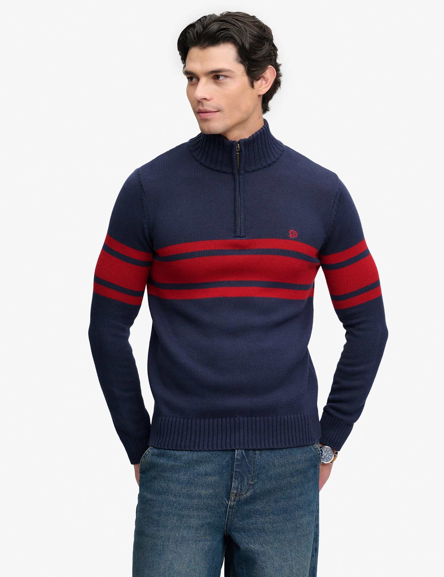 Superdry & Co Pure Cotton Striped Half Zip Jumper Navy Mix