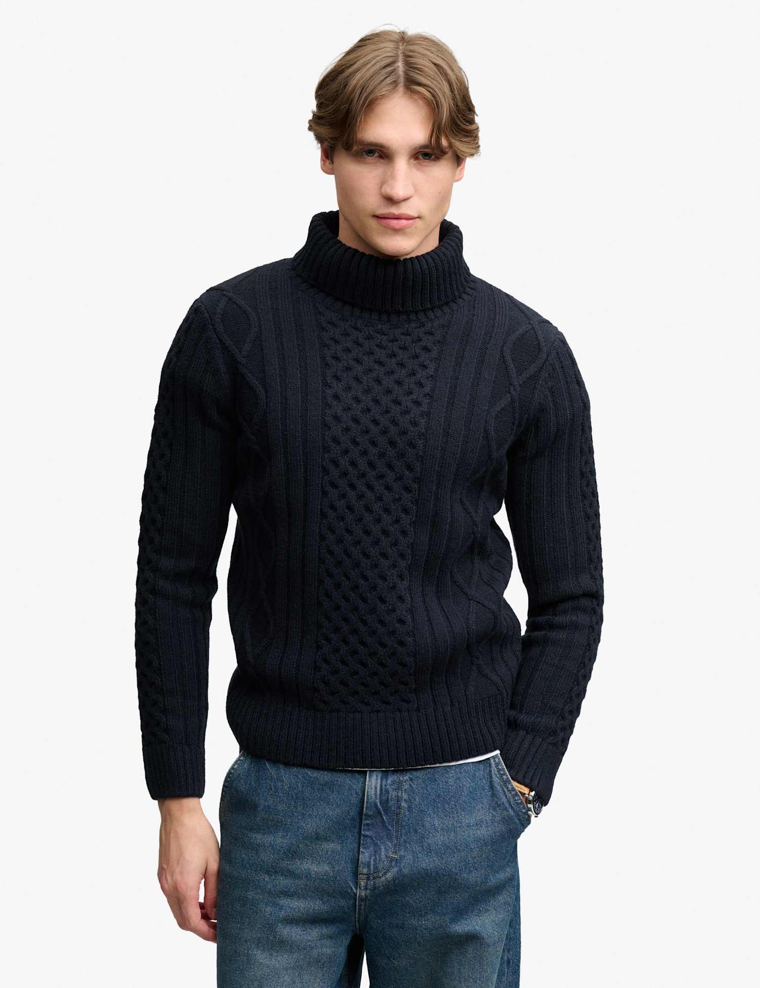Superdry & Co Cable Roll Neck Jumper with Wool Navy