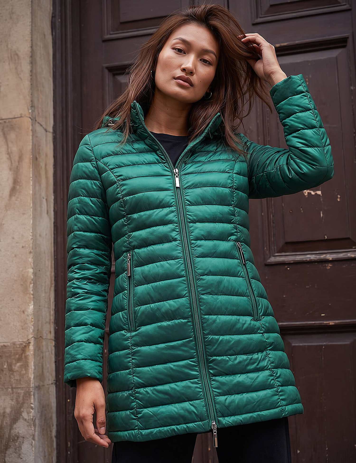 Roman Quilted Hooded Longline Puffer Coat Green