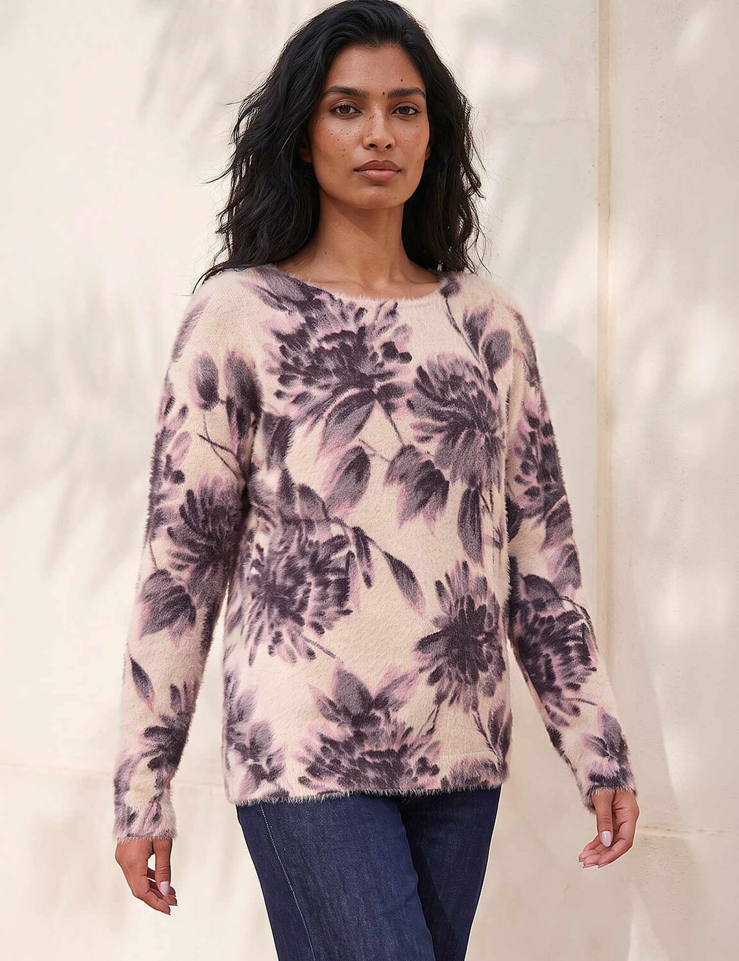 Roman Fluffy Knit Floral Print Scoop Neck Jumper Light Pink Mix