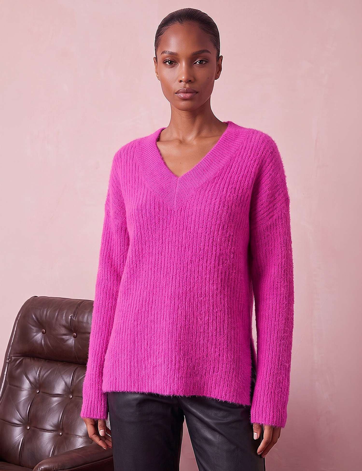 Roman V-Neck Fluffy Knit Jumper Magenta