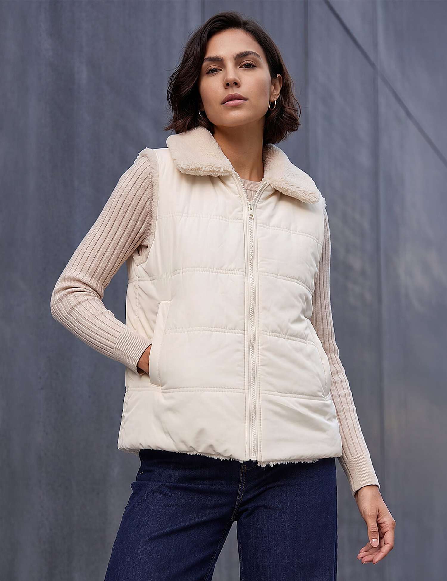 Roman Faux Fur Reversible Zip Up Gilet Cream