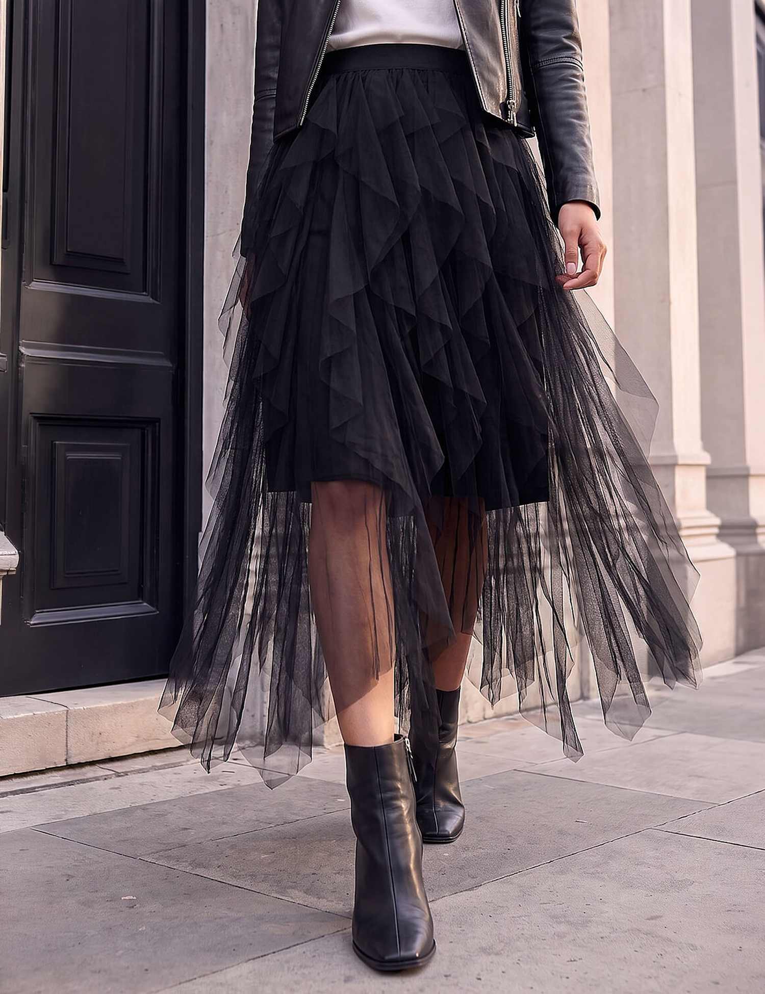Roman Mesh Midaxi Tiered A-Line Skirt Black