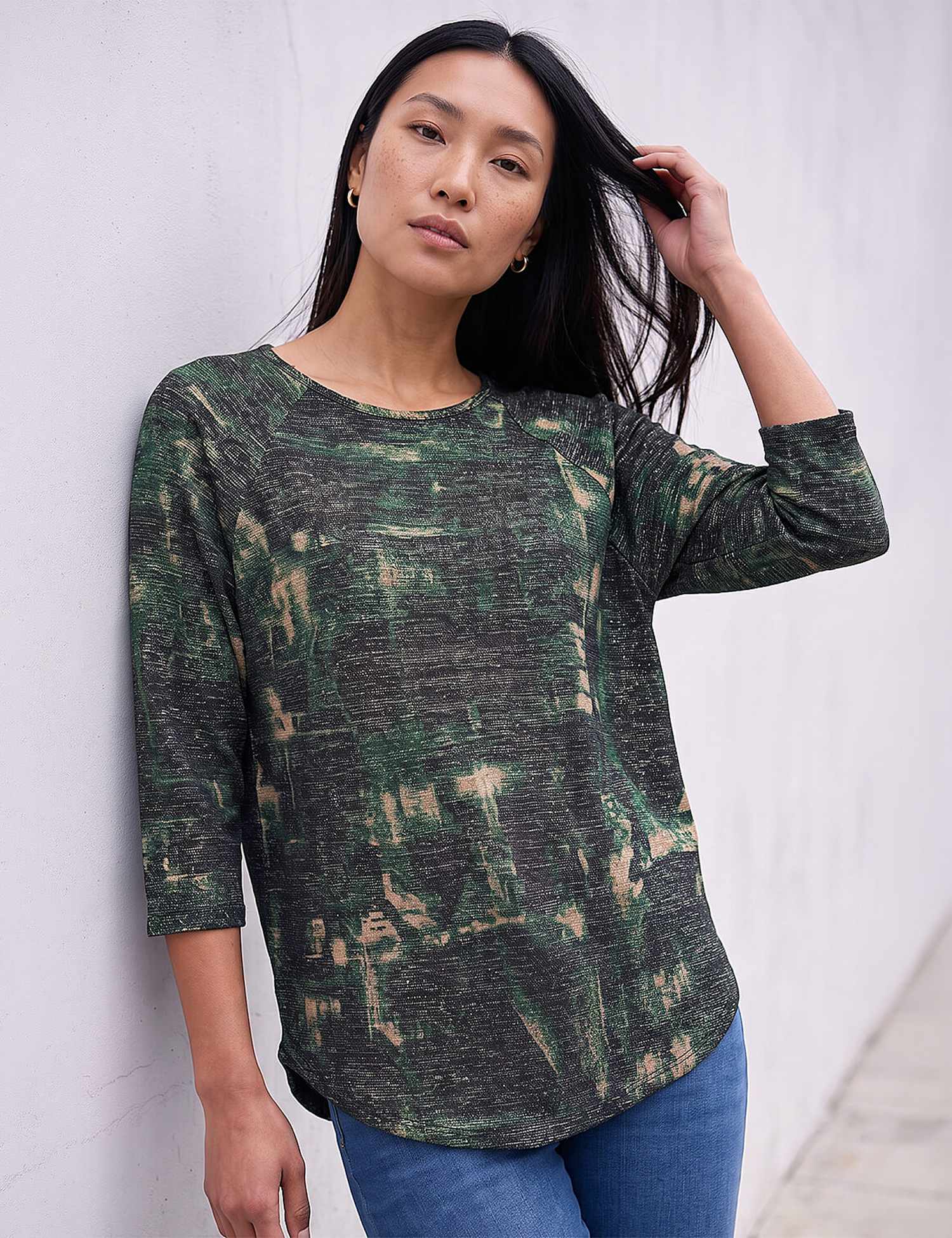 Roman Stretch Jersey Textured Printed Top Green Mix