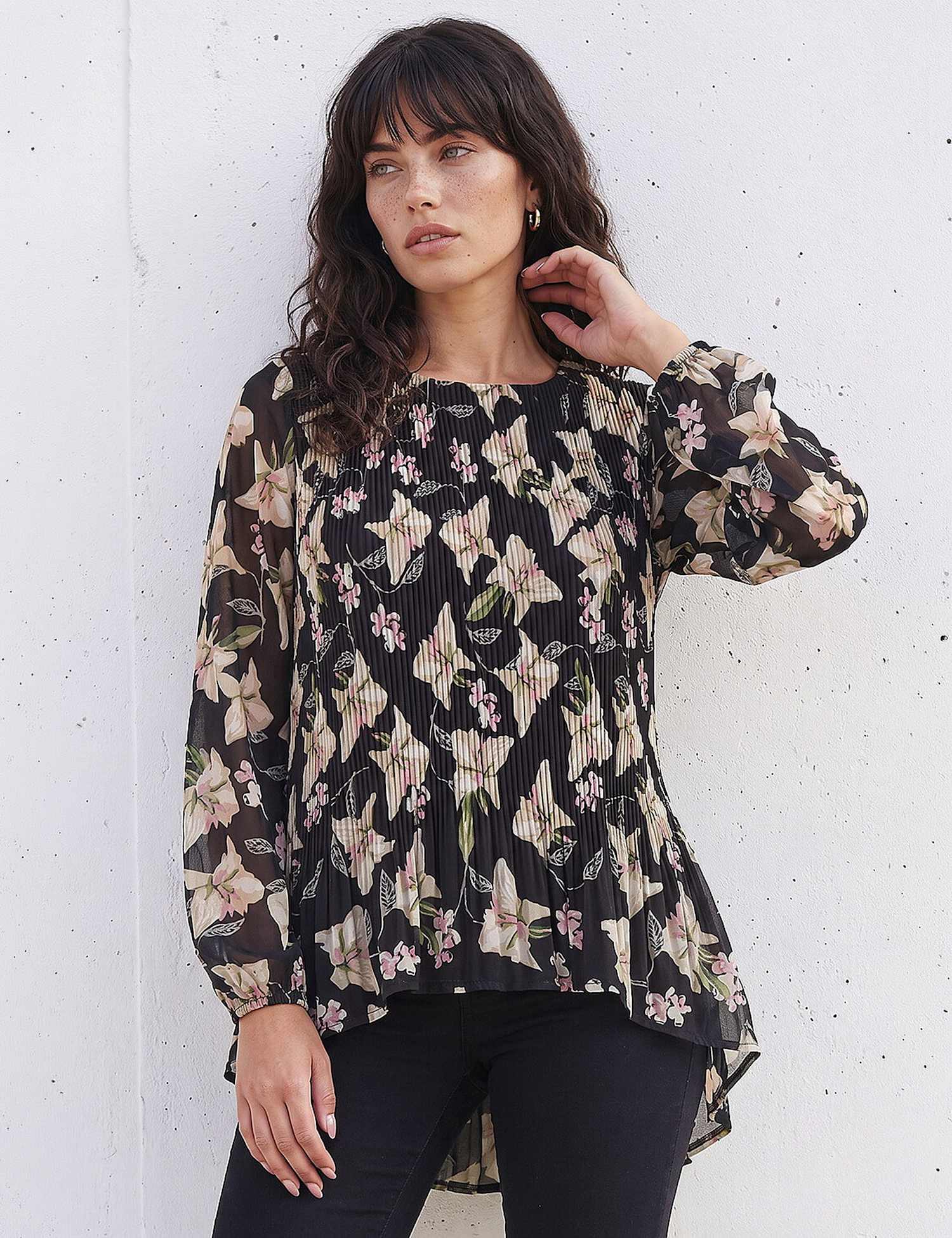 Roman Sheer Floral Print Pleated Top Black Mix