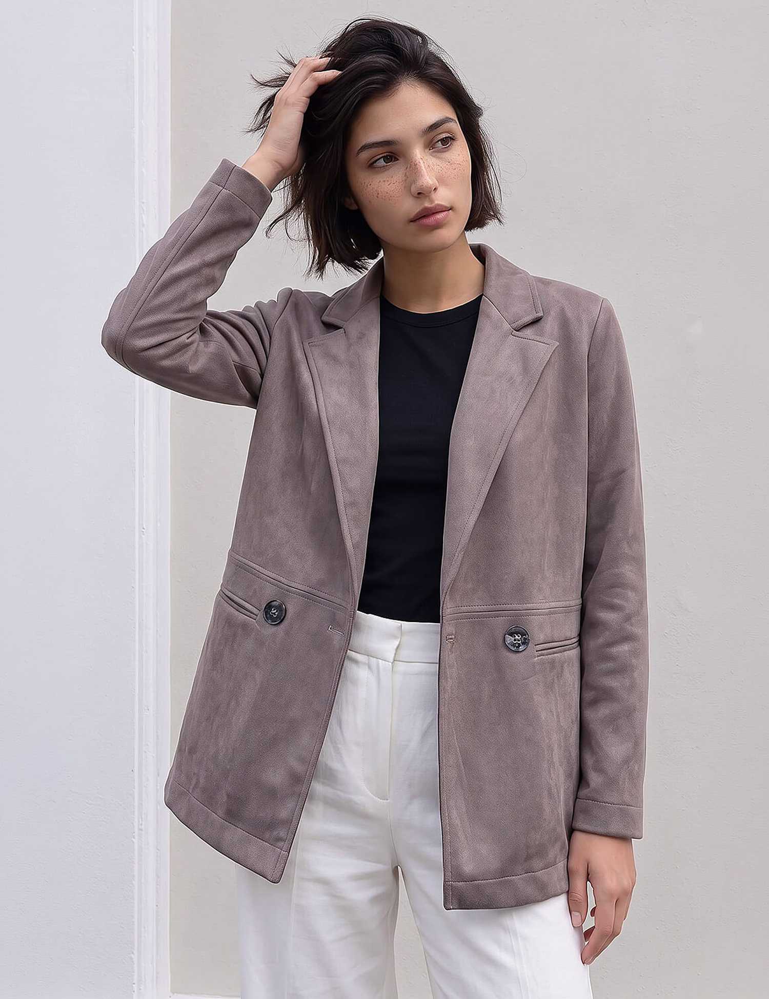 Roman Petite Suedette Lightweight Collared Jacket Taupe