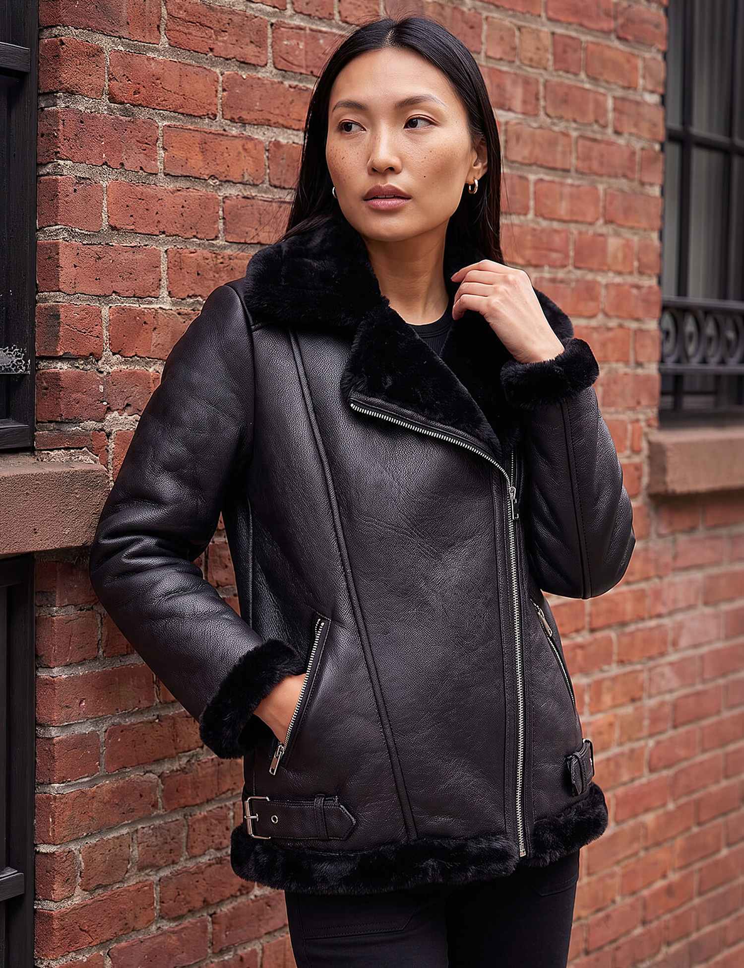 Roman Faux Fur Trim Aviator Jacket Black