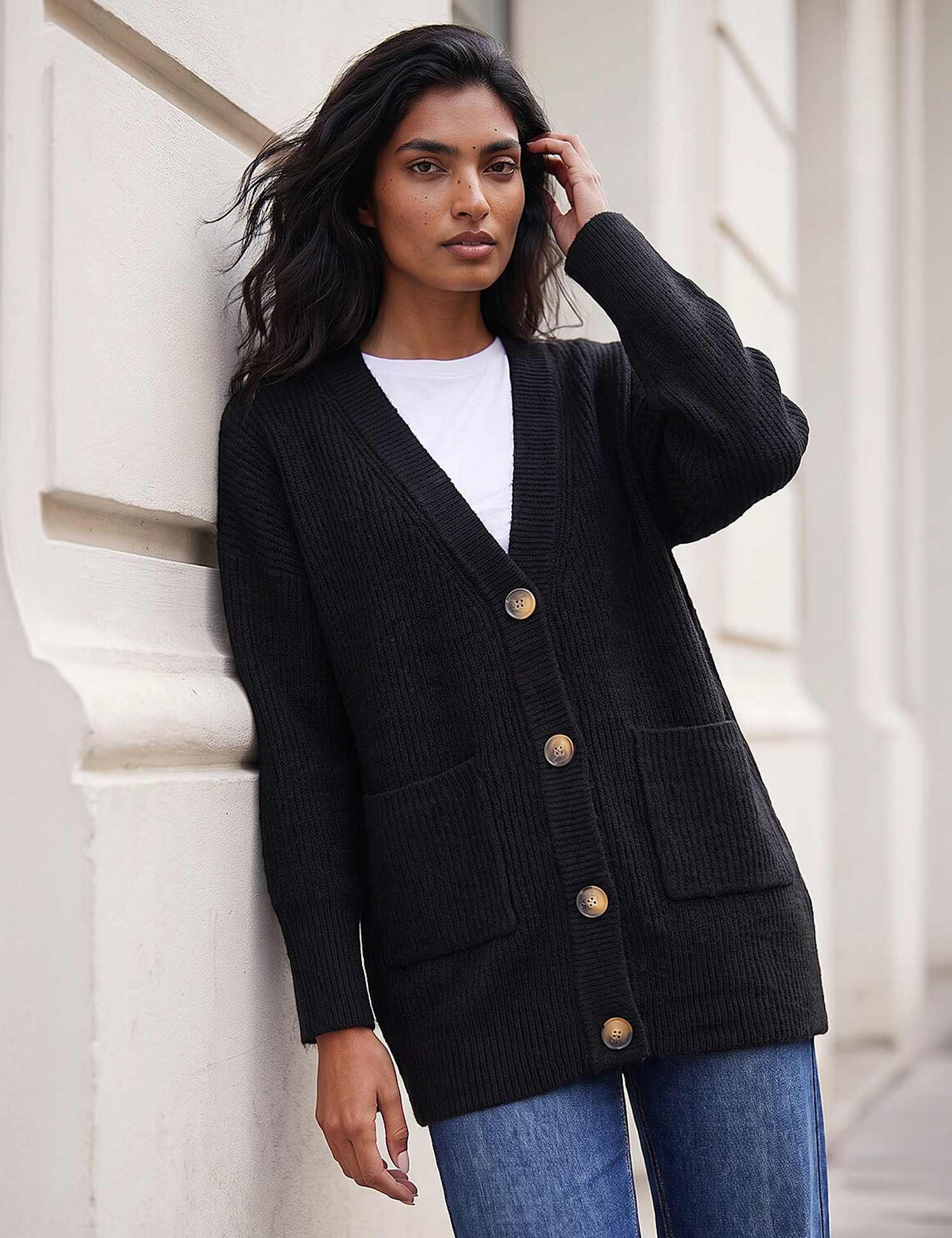 Roman Ribbed V-Neck Button Front Longline Cardigan Black