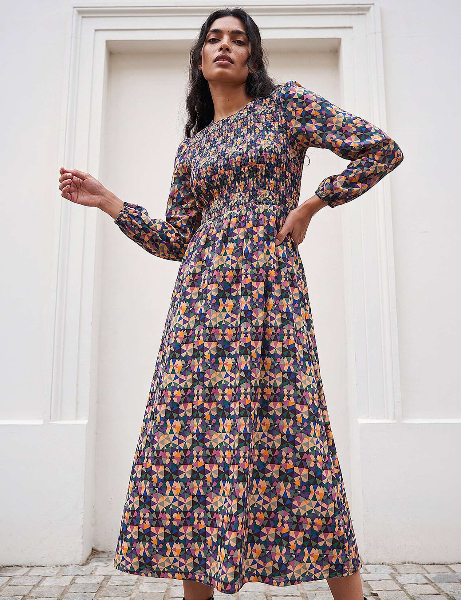 Roman Jersey Geometric Print Shirred Midi Dress Multi
