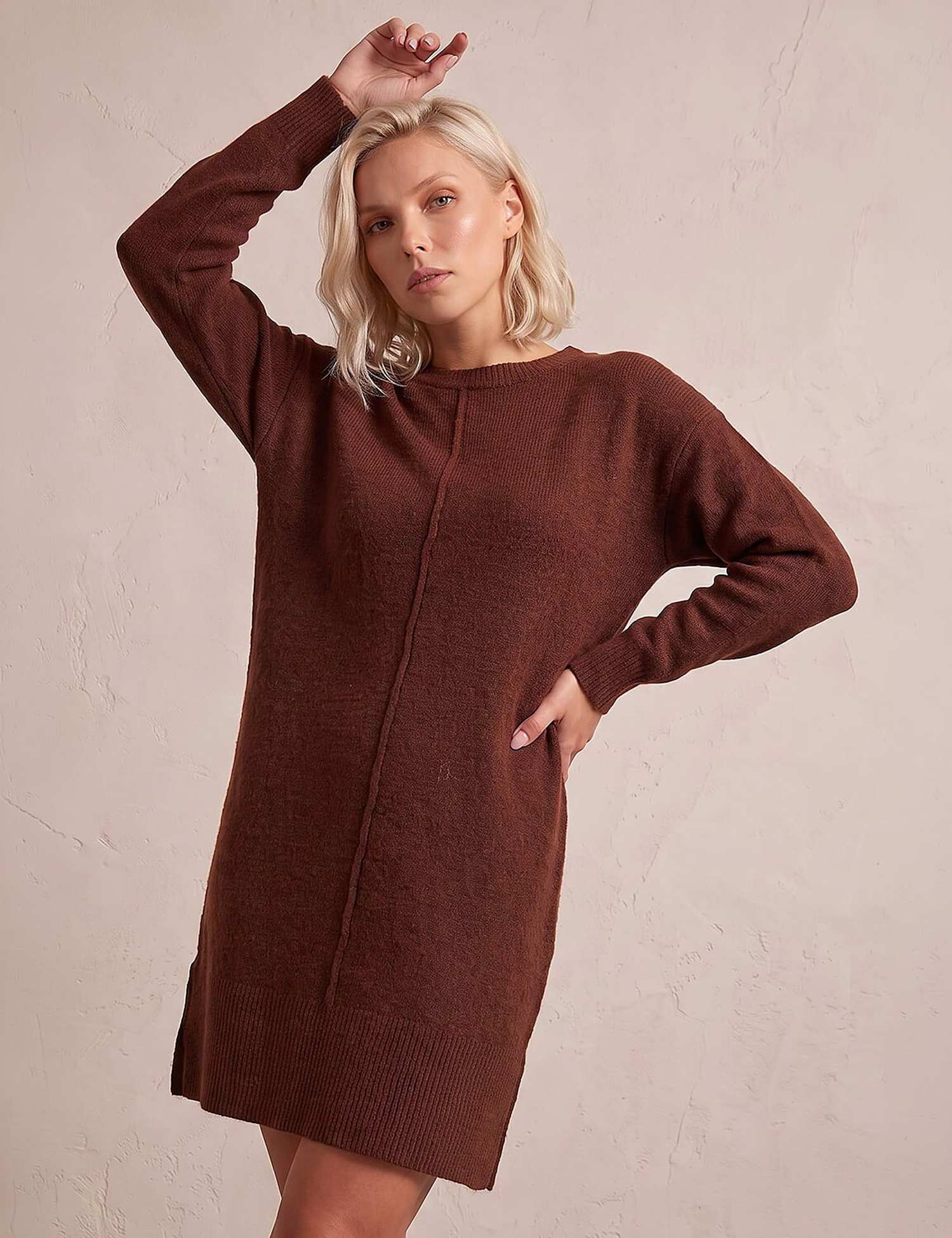 Roman Petite Knitted Pintuck Knee Length Shift Dress Orange Mix