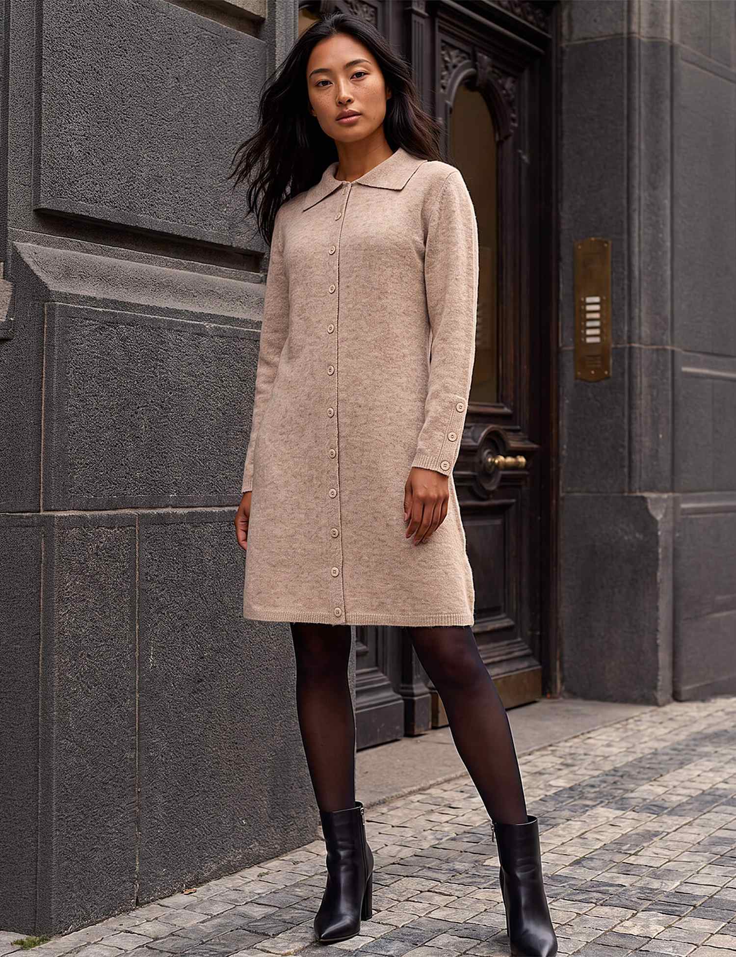 Roman Petite Knitted Collared Knee Length Shift Dress Stone