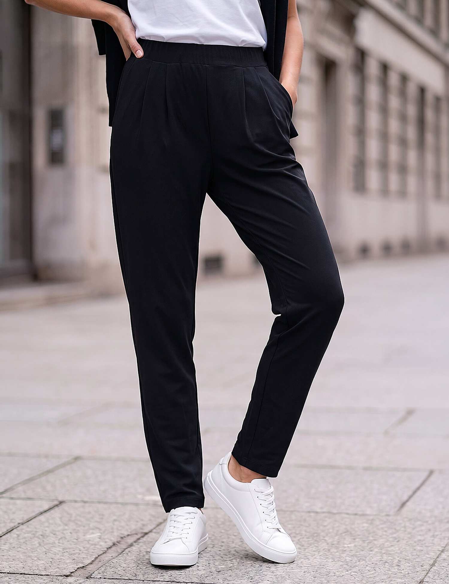 Roman Elasticated Waist Slim Leg Hareem Trousers Black