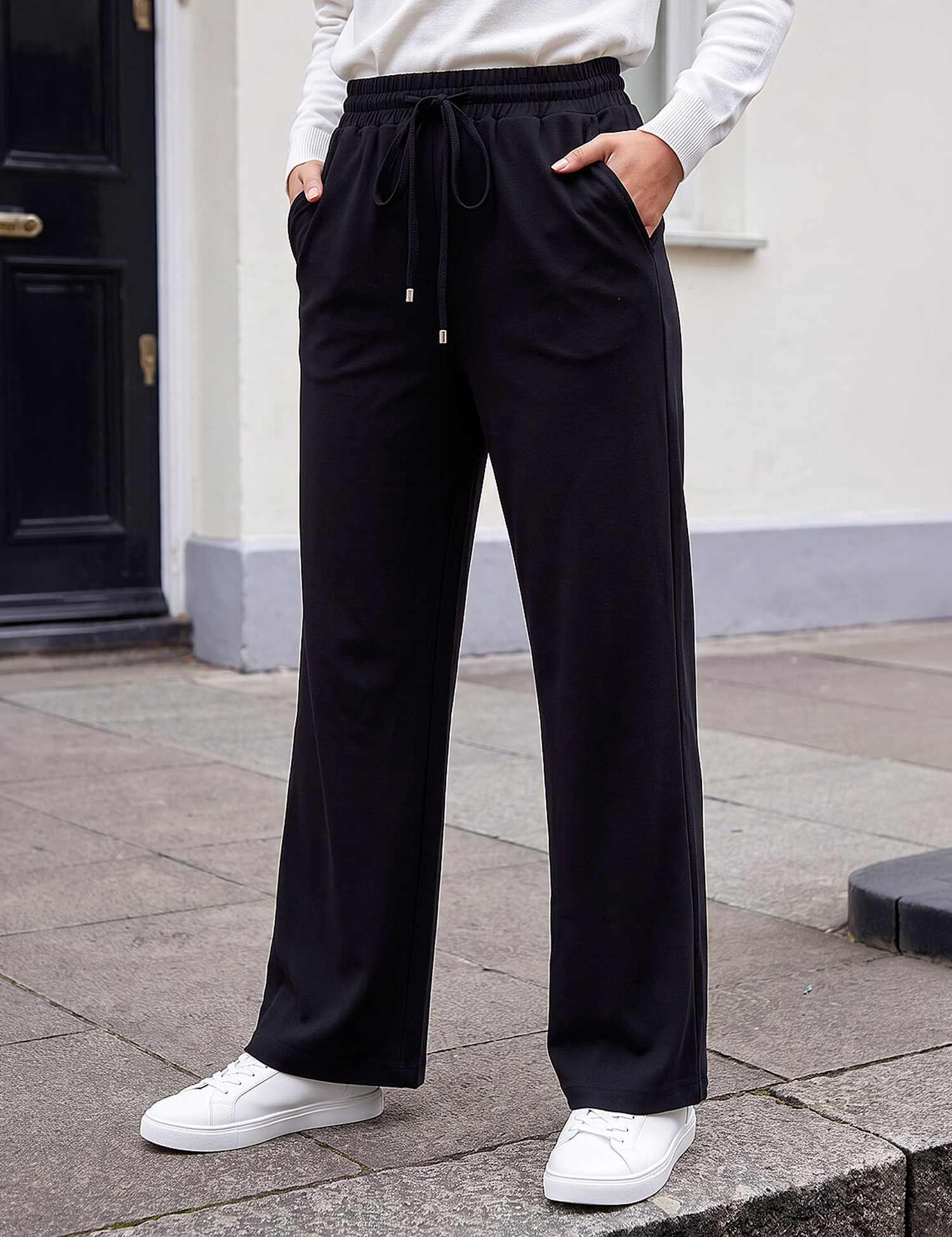 Roman Petite Ponte Drawstring Wide Leg Trousers Black