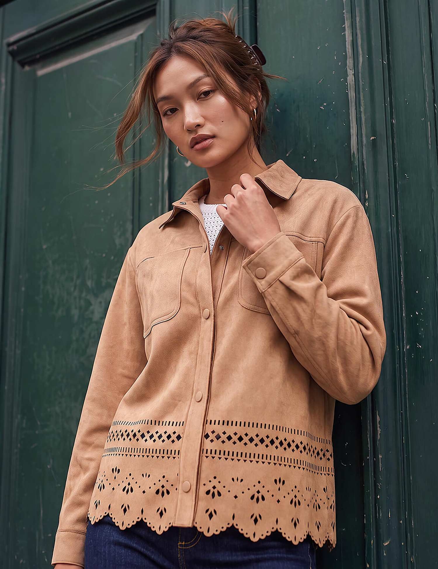 Roman Faux Suede Cut Out Detail Shacket Stone