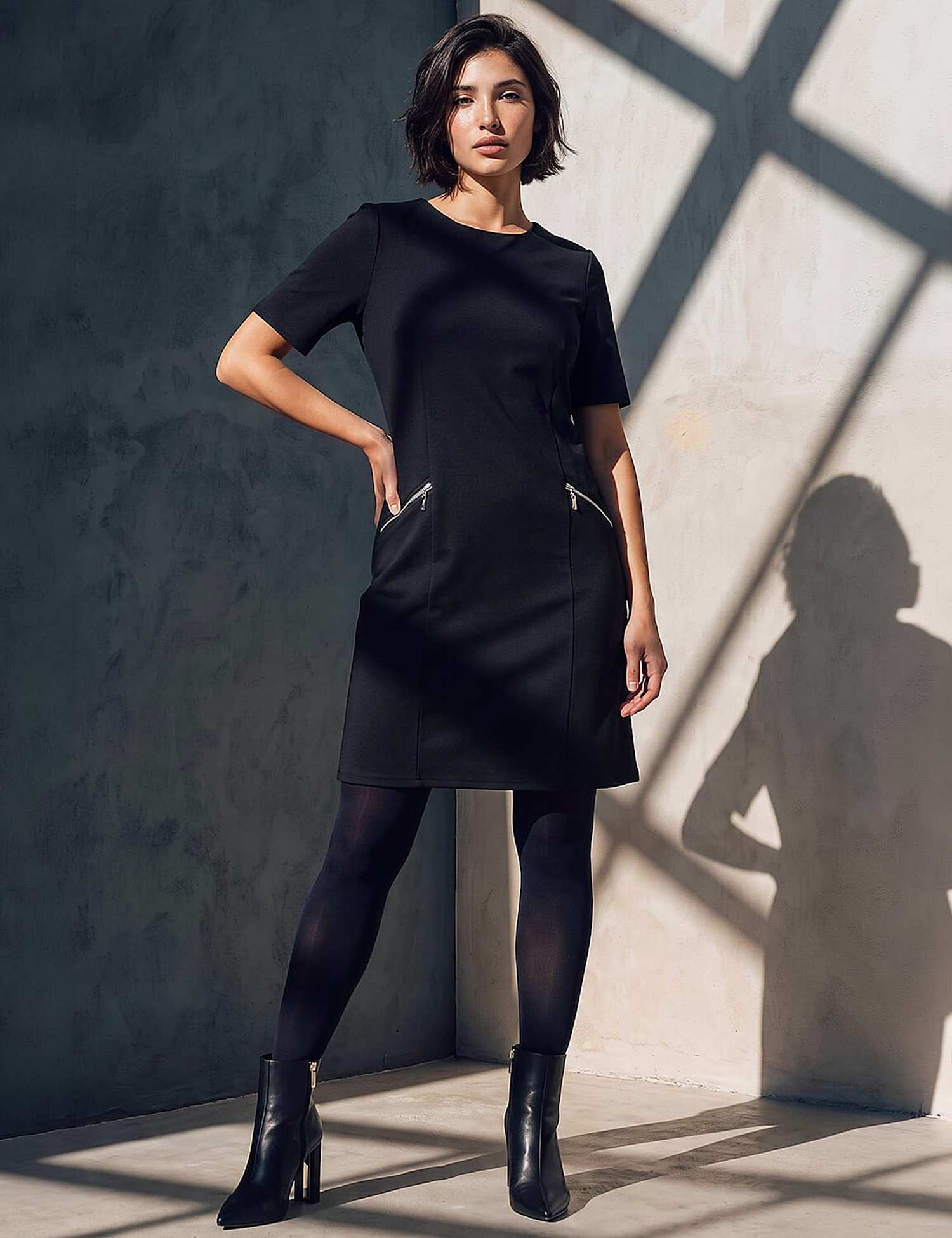 Roman Petite Zip Detail Knee Length Shift Dress Black