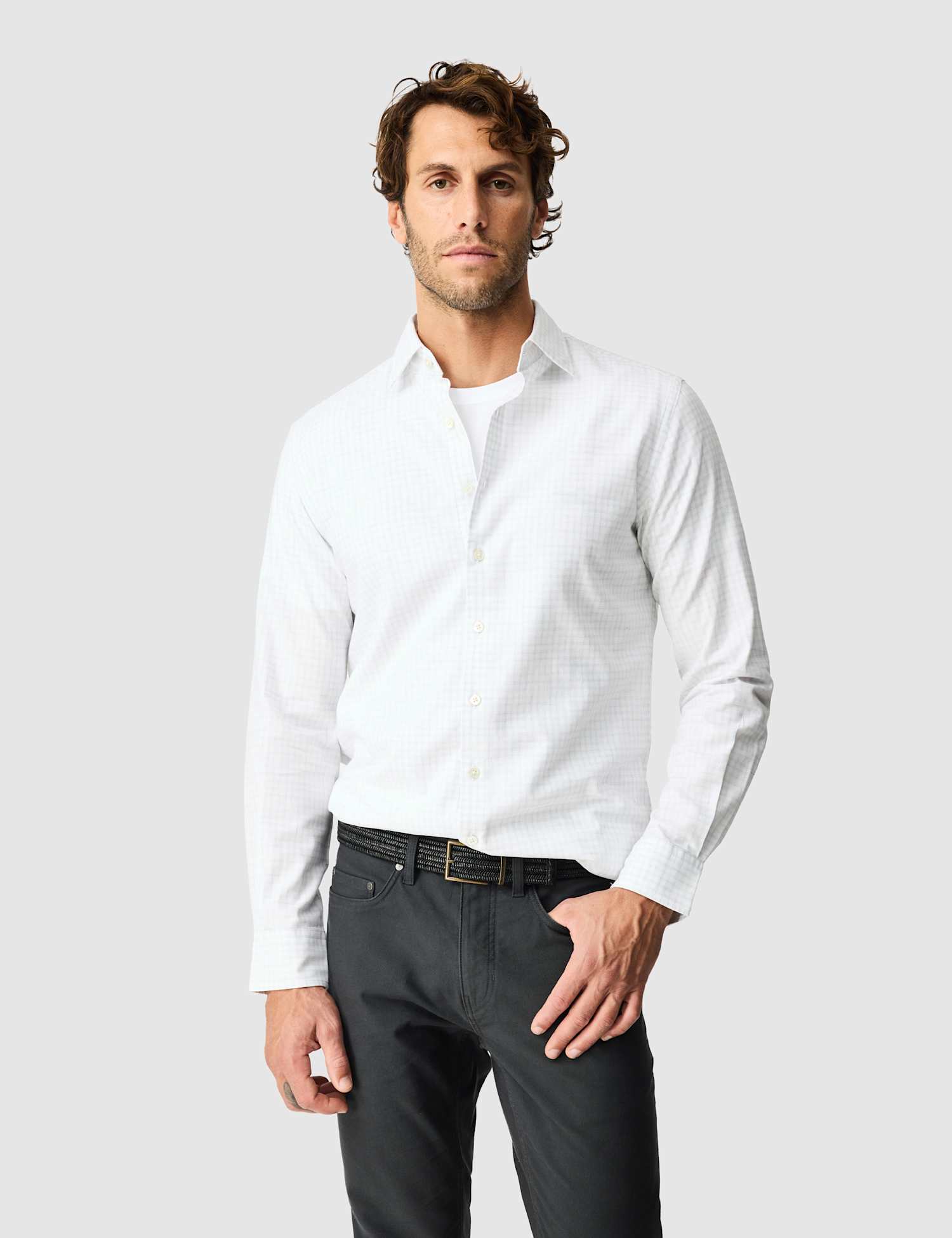 Rodd & Gunn Slim Fit Pure Cotton Textured Checked Shirt Ivory Mix