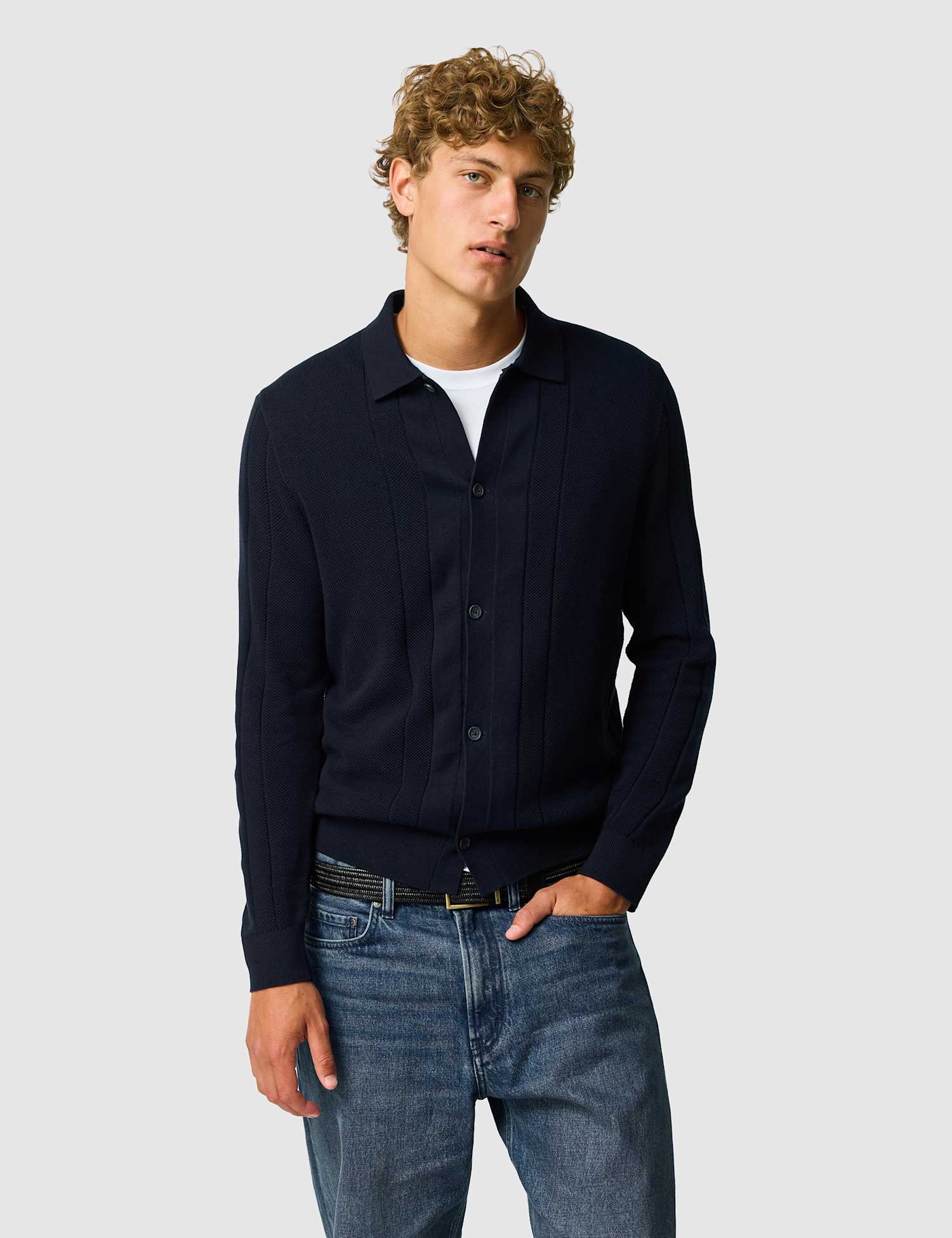 Rodd & Gunn Long Sleeve Textured Cotton Cardigan Dark Navy