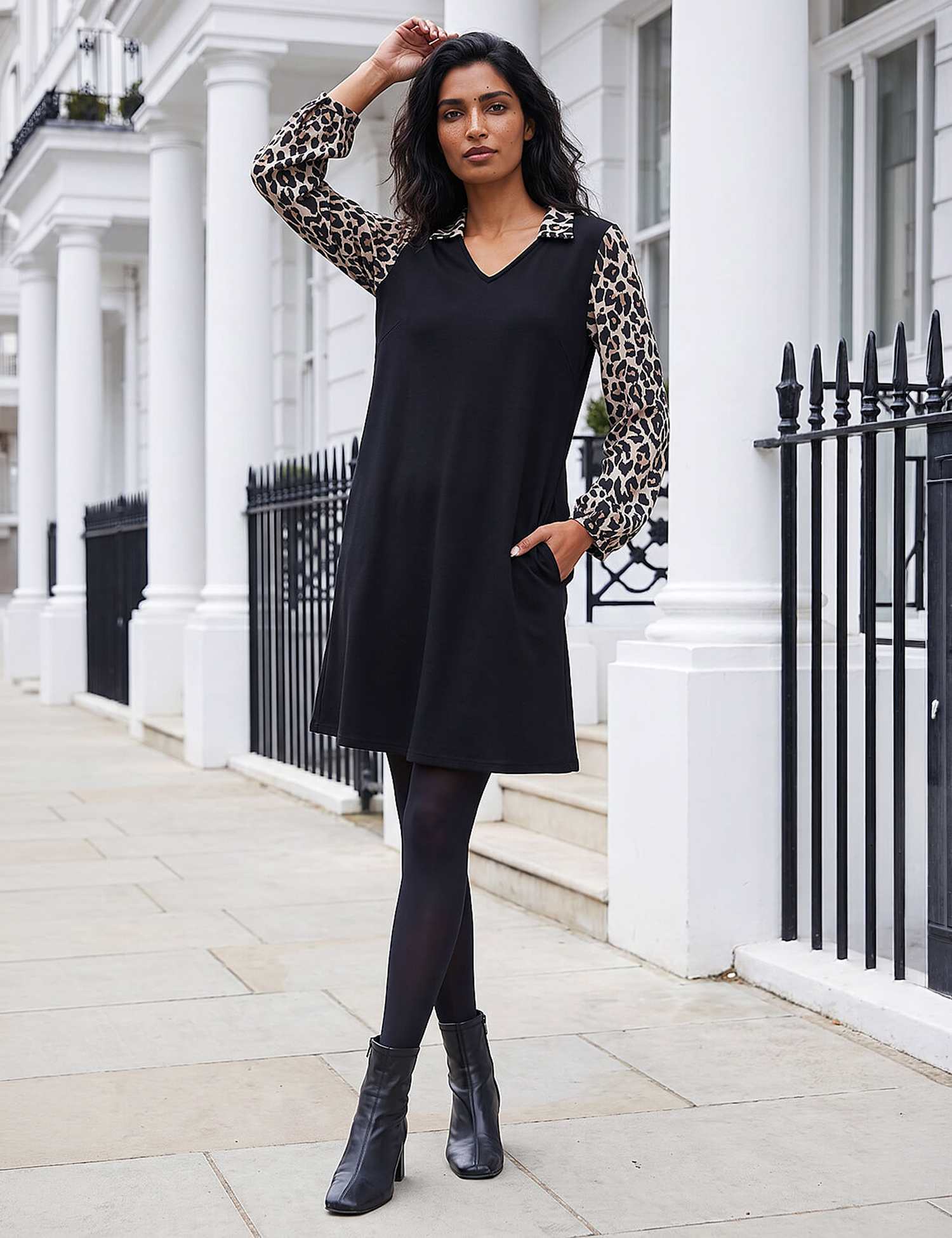 Roman 2 in 1 Animal Print Shirt Mini Swing Dress Black