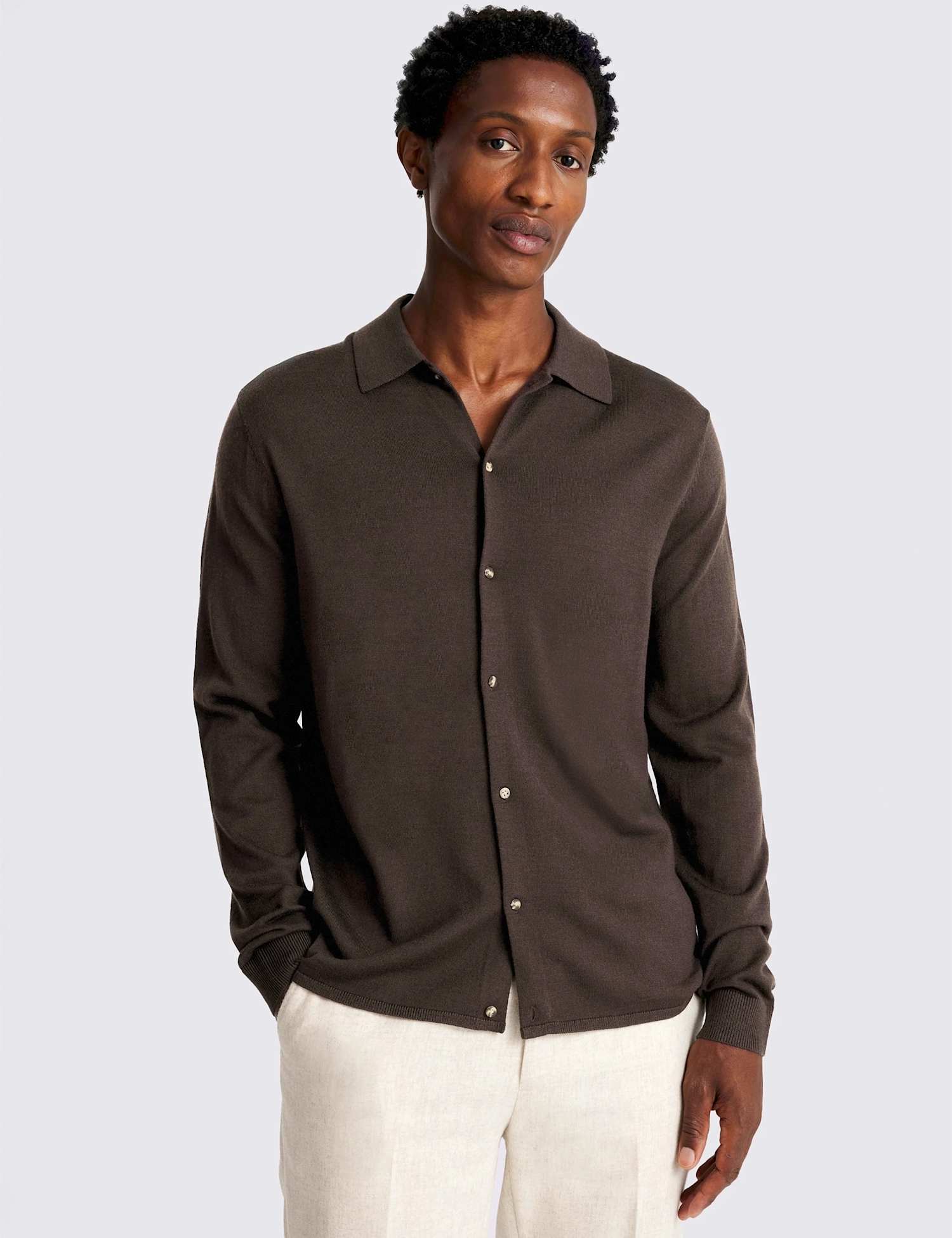 MOSS Knitted Shirt with Merino Wool Brown