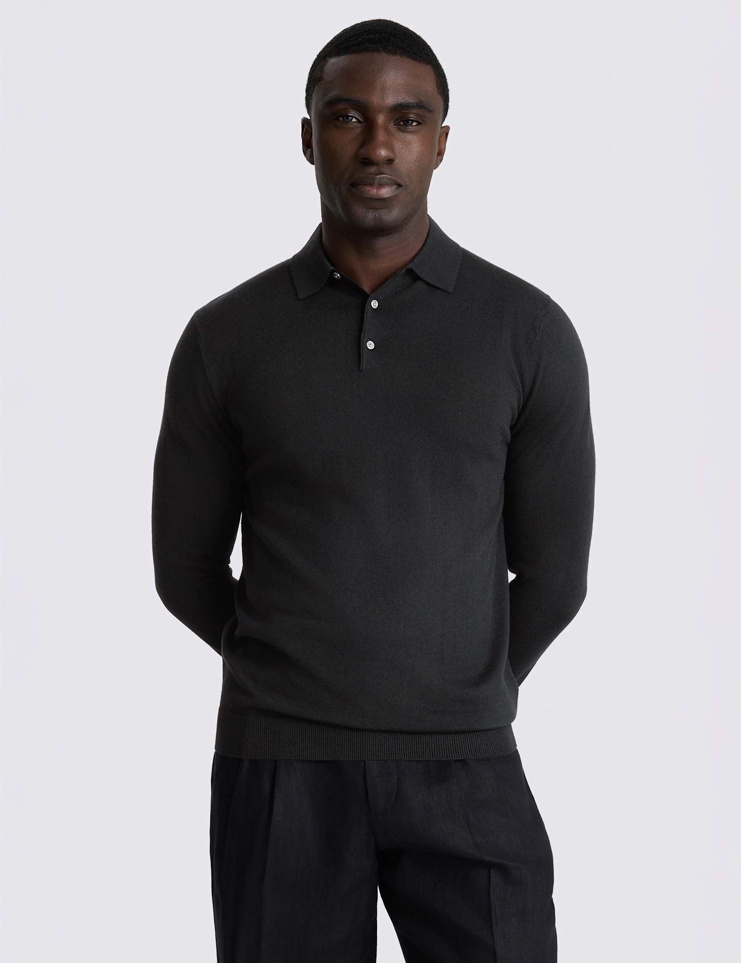 MOSS Long Sleeve Polo Shirt with Merino Wool Black