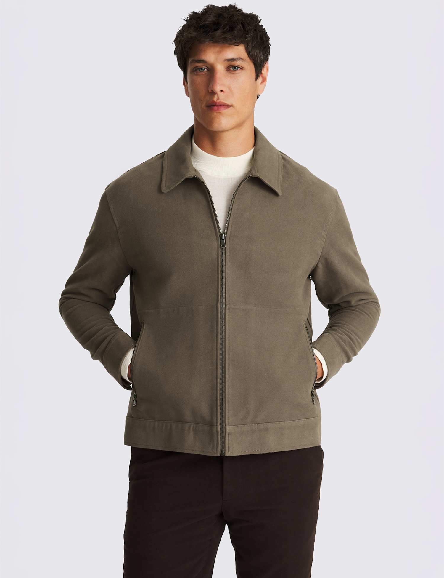 MOSS Regular Fit Cotton Zip Up Jacket Taupe